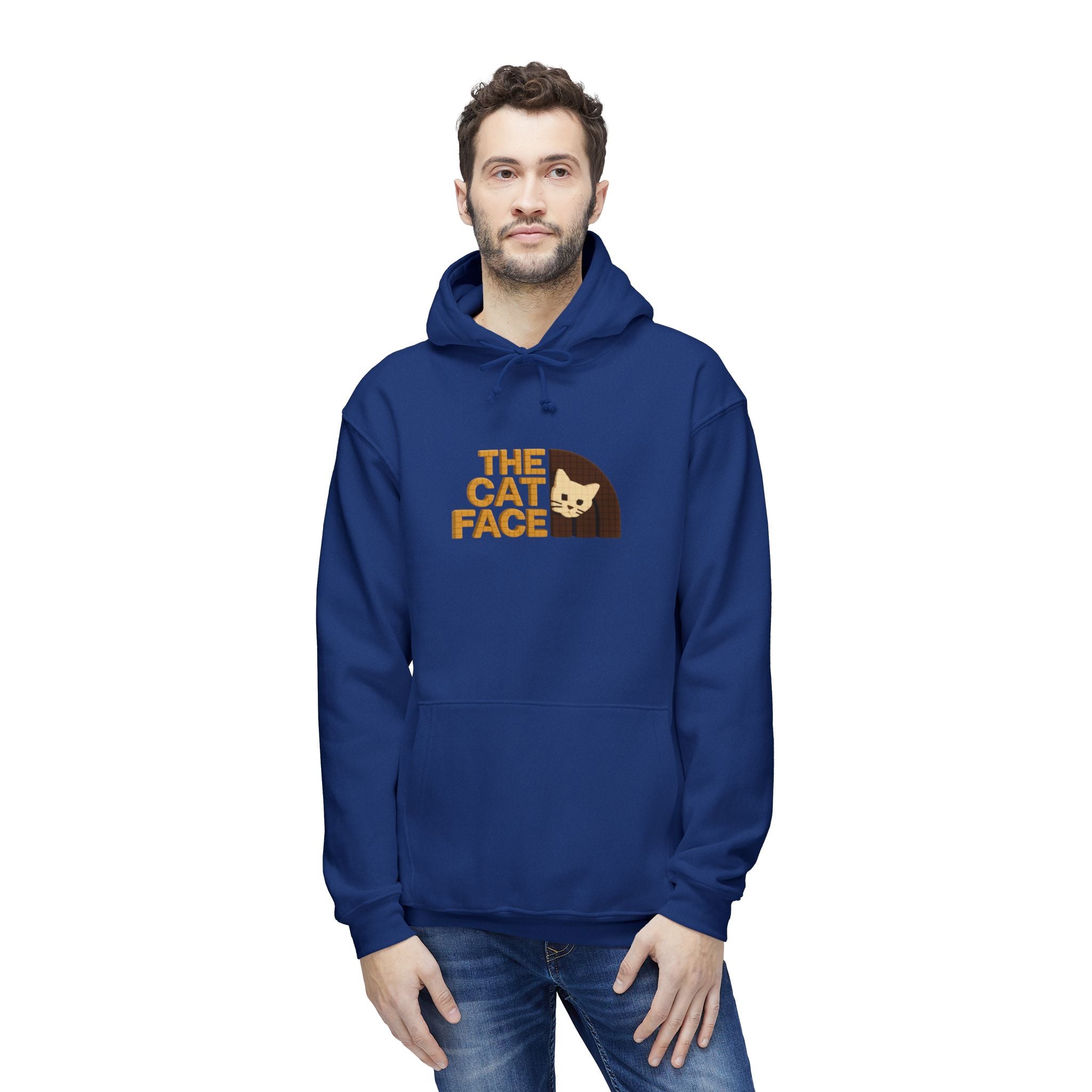 The Cat Face 3D Wool Block Chest Logo & Back Cat Graphic Hoodie in royal blue, worn by a male model
