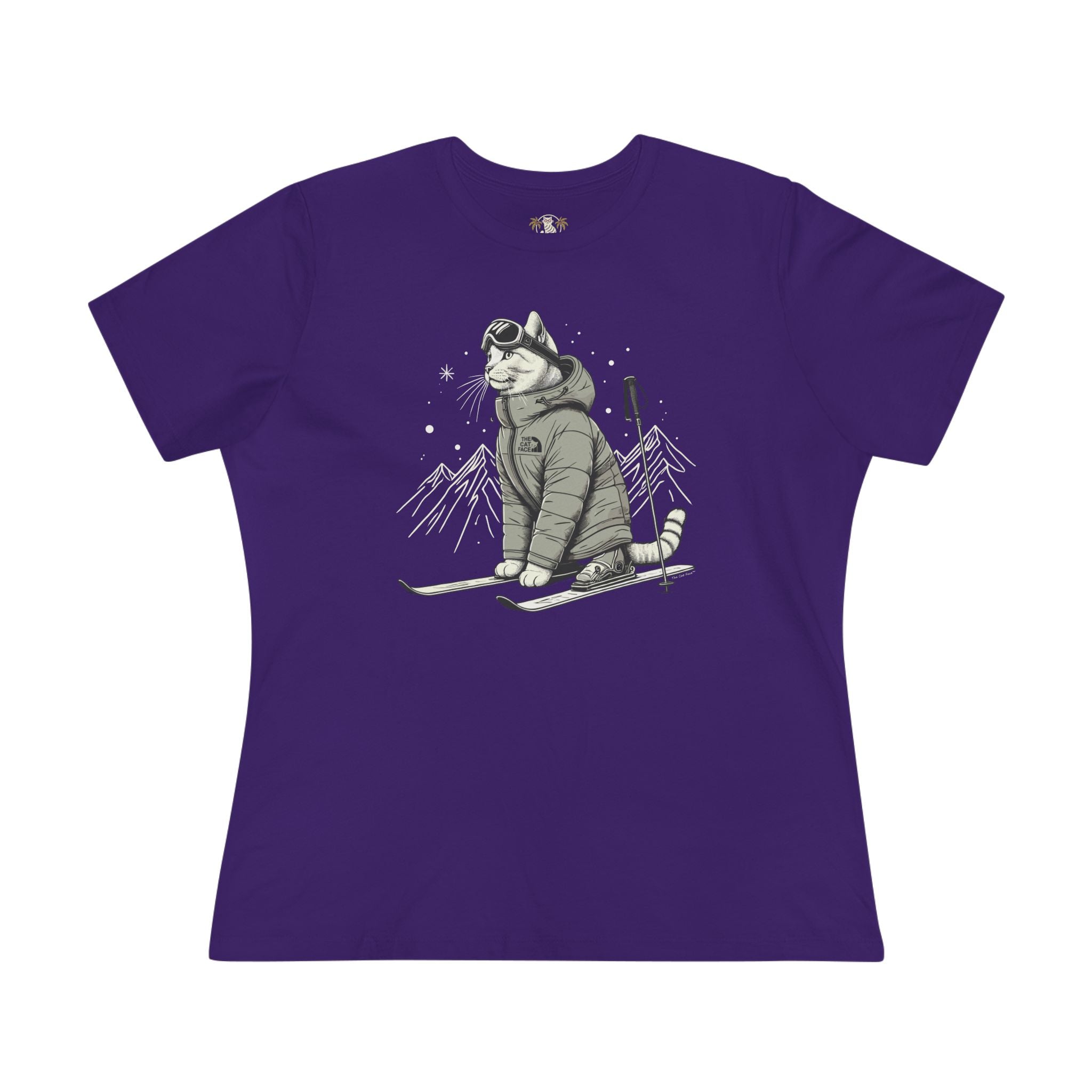 The Cat Face Alpine Explorer Graphic Women's T-Shirt in team purple, front view