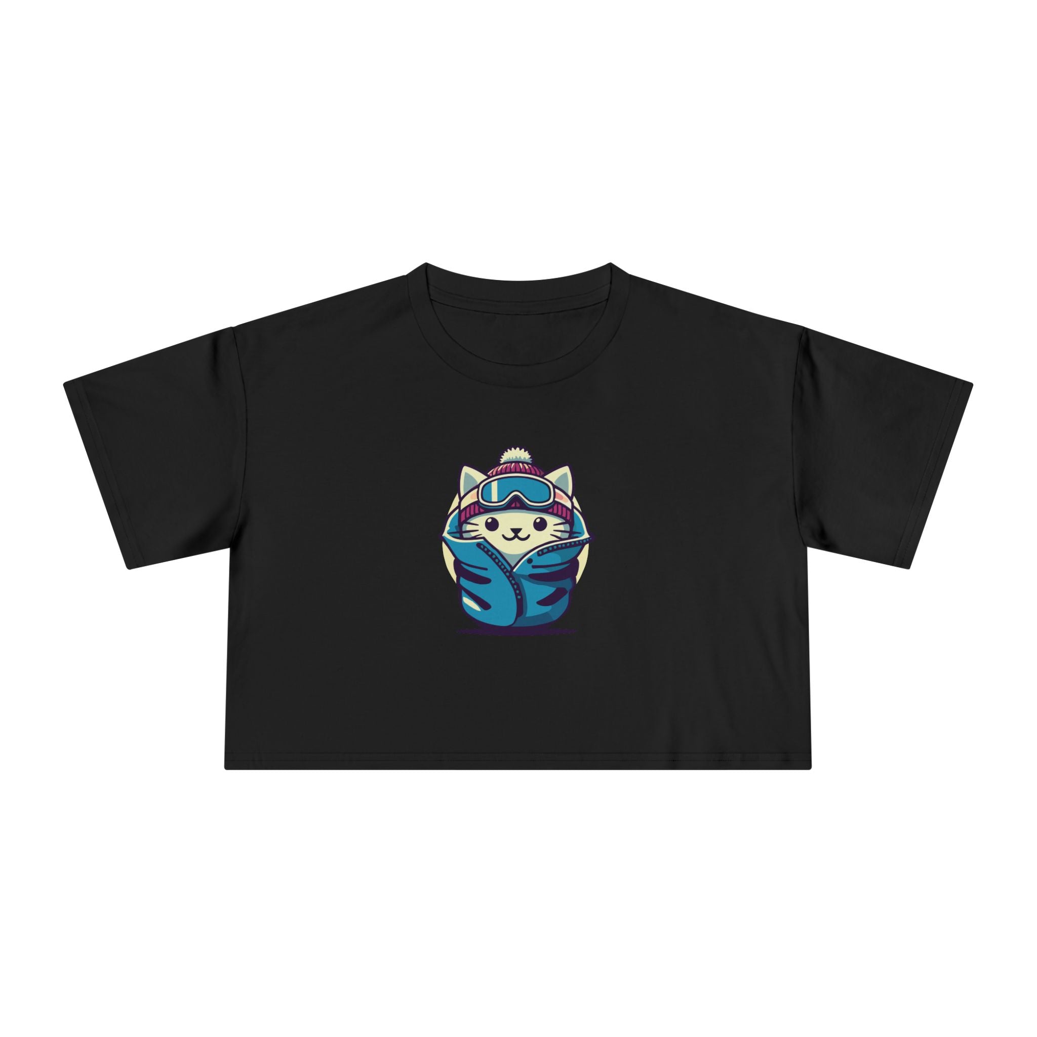 The Cat Face Apres Ski Kitty Women's Crop Top in black, front view