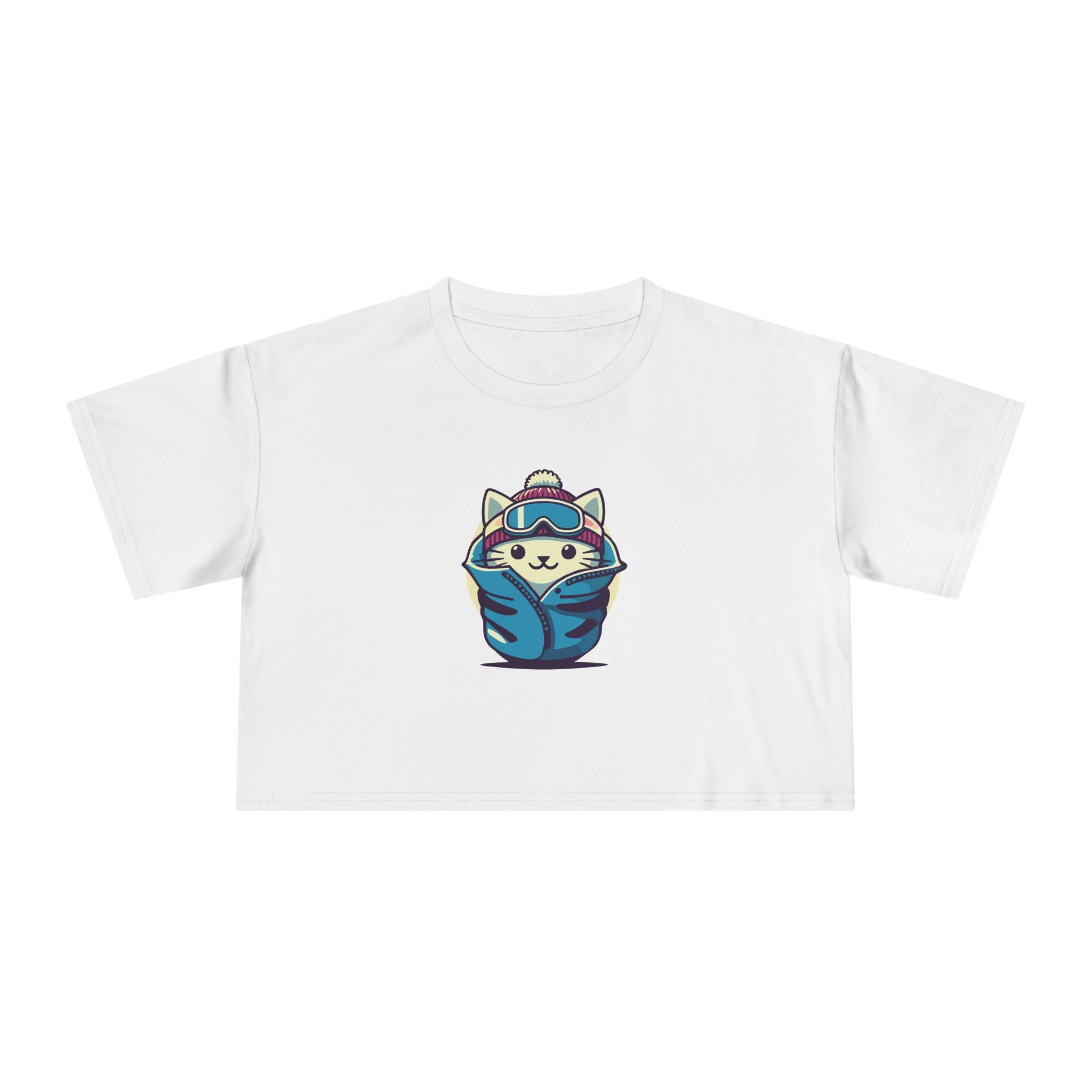 The Cat Face Apres Ski Kitty Women's Crop Top in white, front view