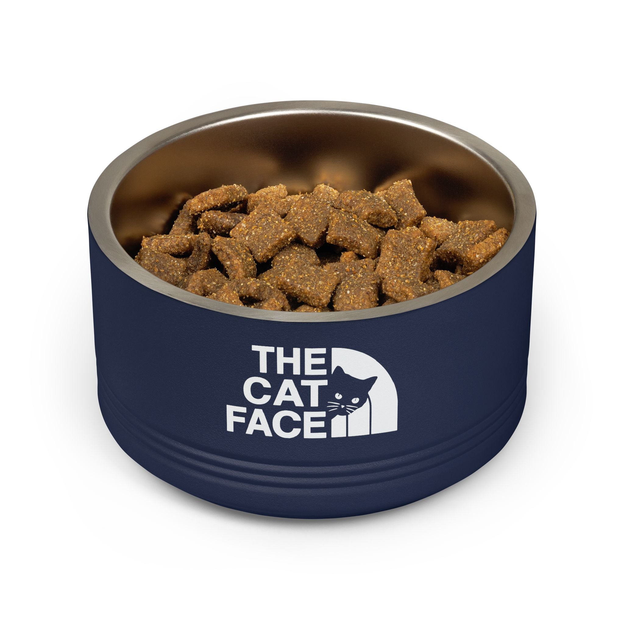 The Cat Face Designer Stainless Steel Cat Bowl in navy, filled with cat food