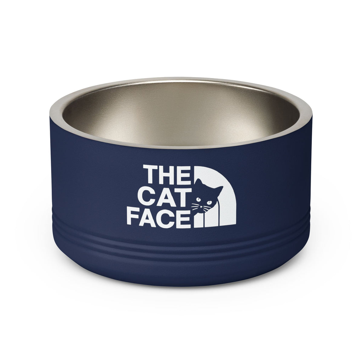 The Cat Face Designer Stainless Steel Cat Bowl in navy, front view