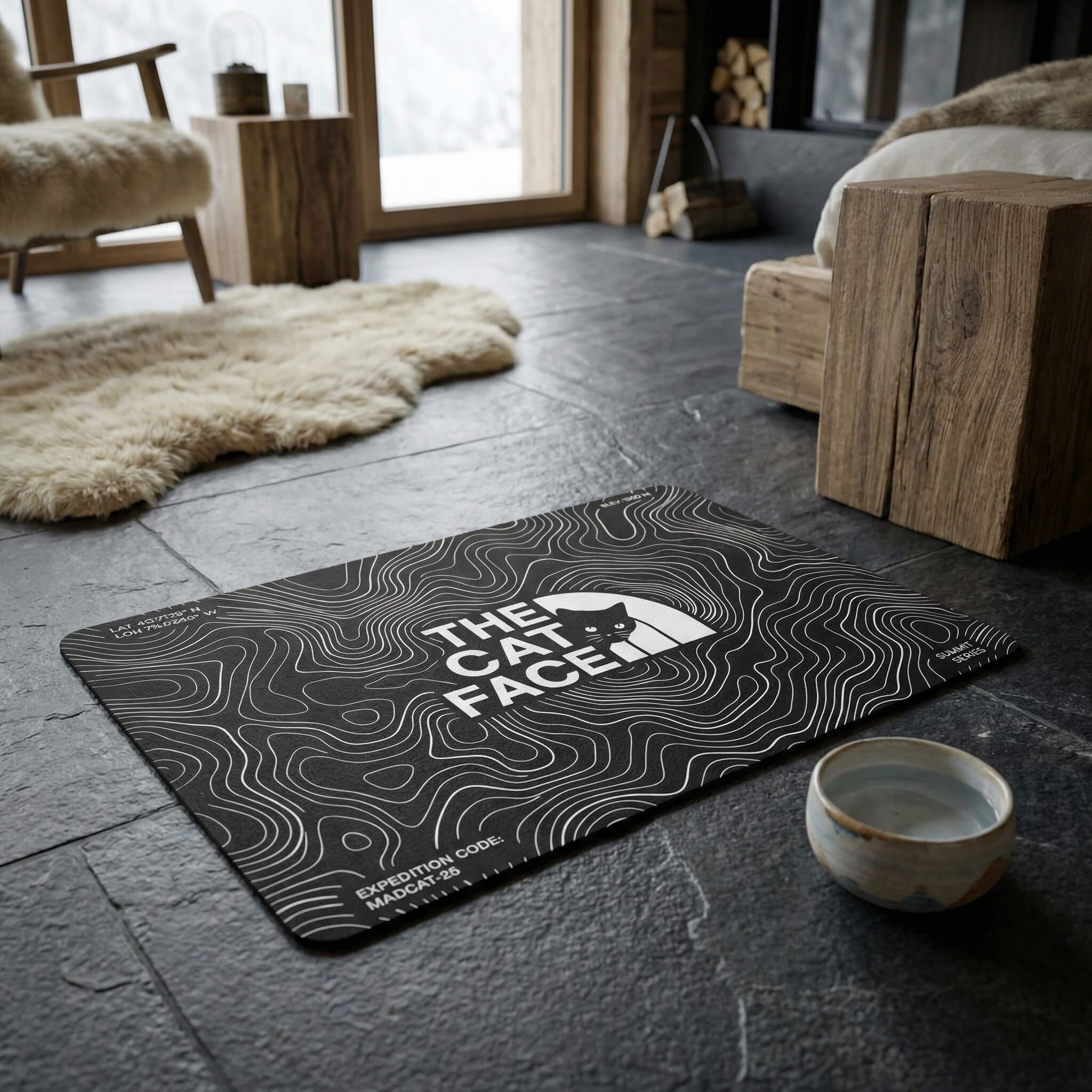 The Cat Face Summit Terrain Designer Cat Feeding Mat in black, in a home setting
