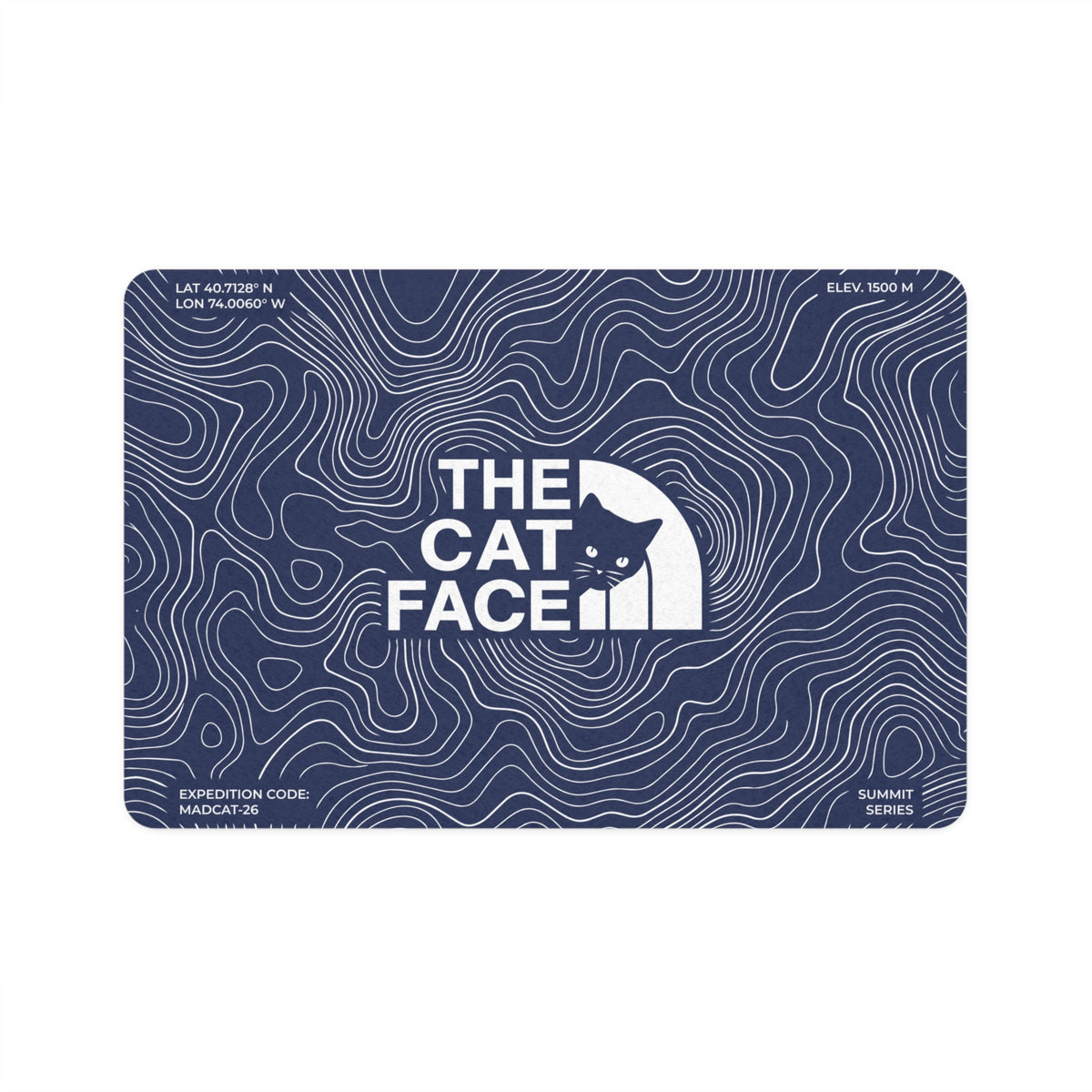 The Cat Face Summit Terrain Designer Cat Feeding Mat in blue, top view