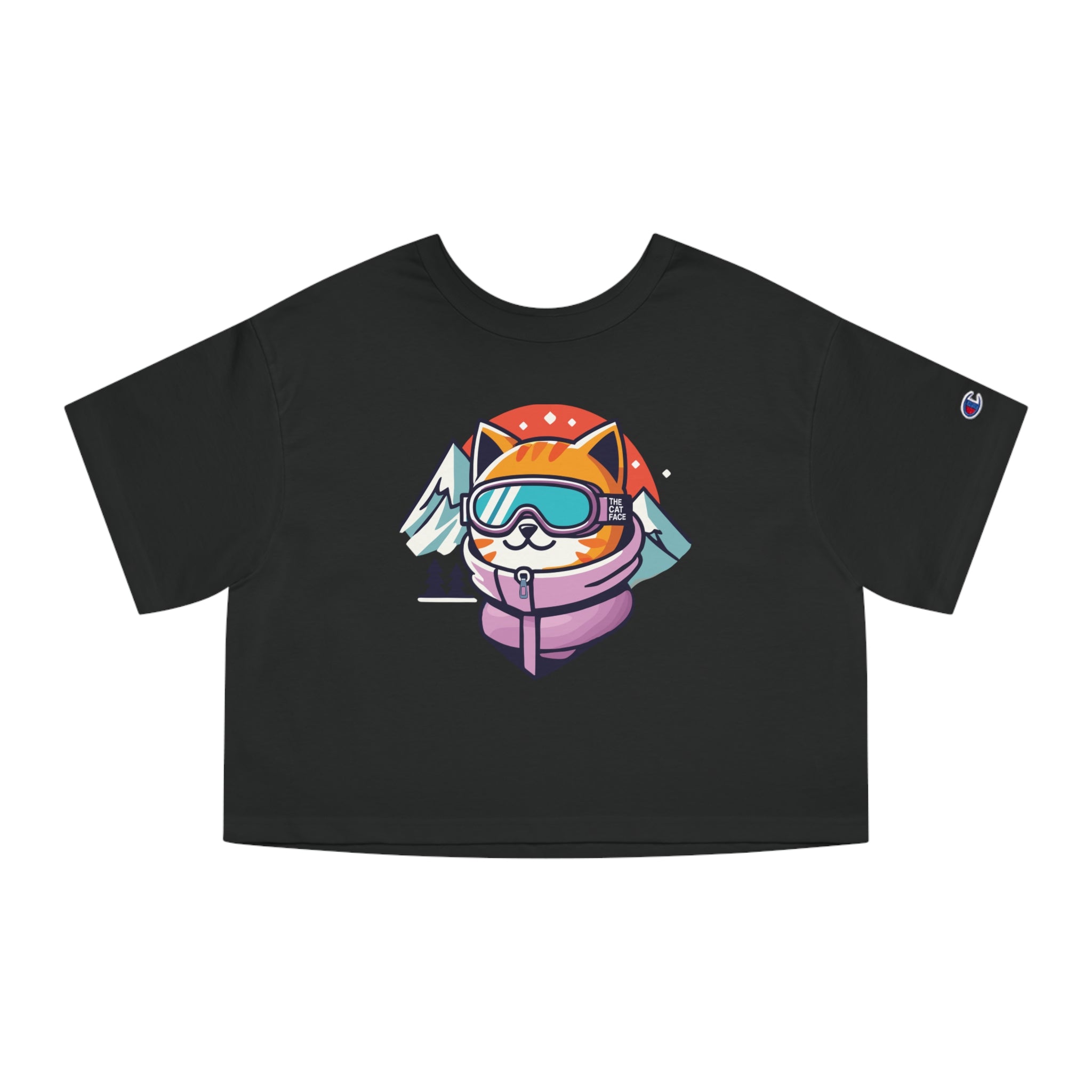 The Cat Face Slope Ready Graphic Crop Top in black, front view