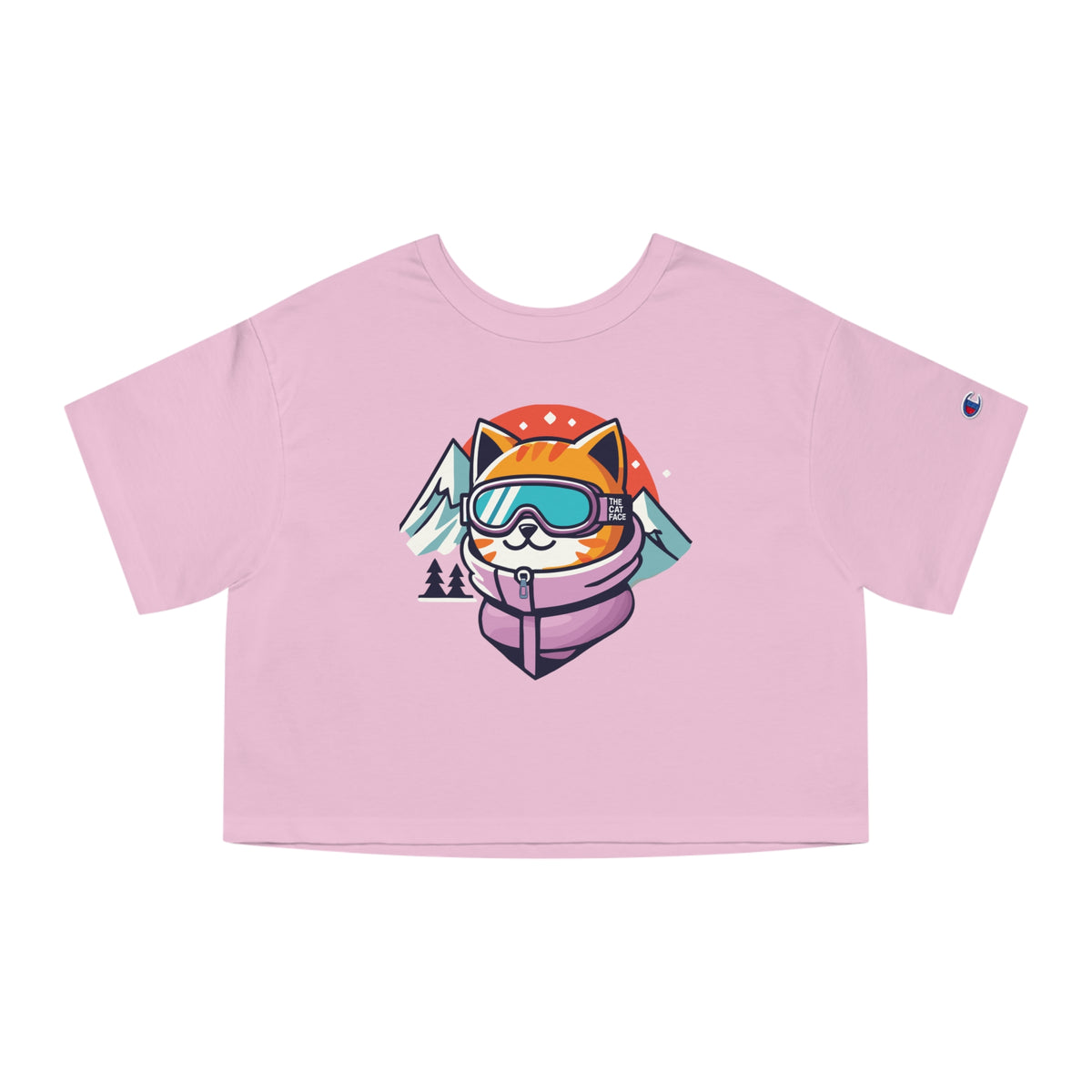 The Cat Face Slope Ready Graphic Crop Top in pink candy, front view