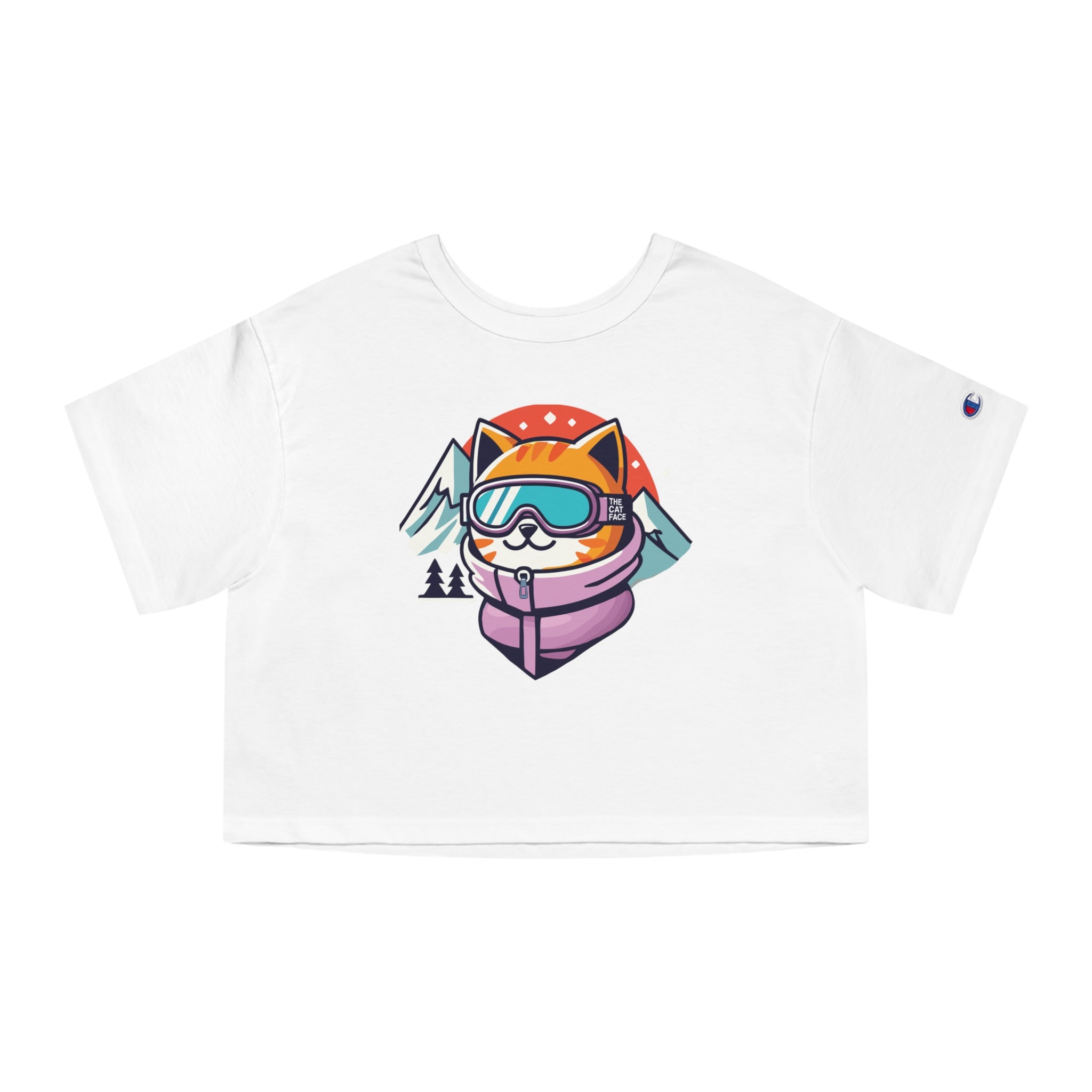 The Cat Face Slope Ready Graphic Crop Top in white, front view
