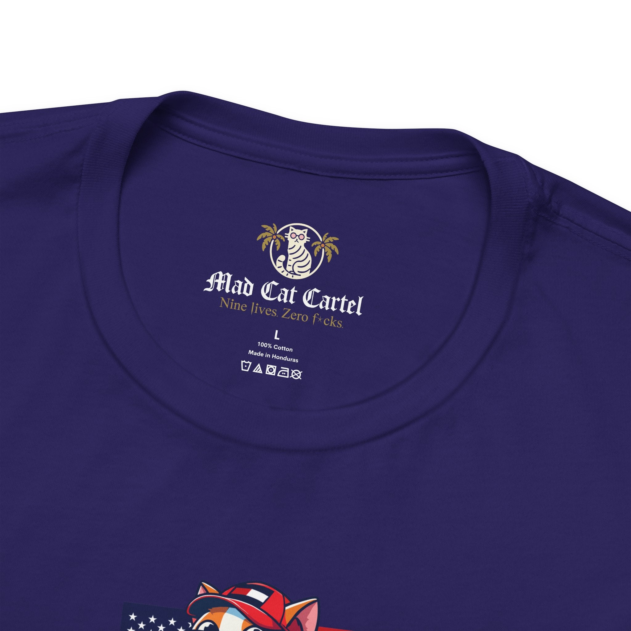 Tommy Hilficat American Purrride Cat Graphic T-Shirt in team navy, close-up detail