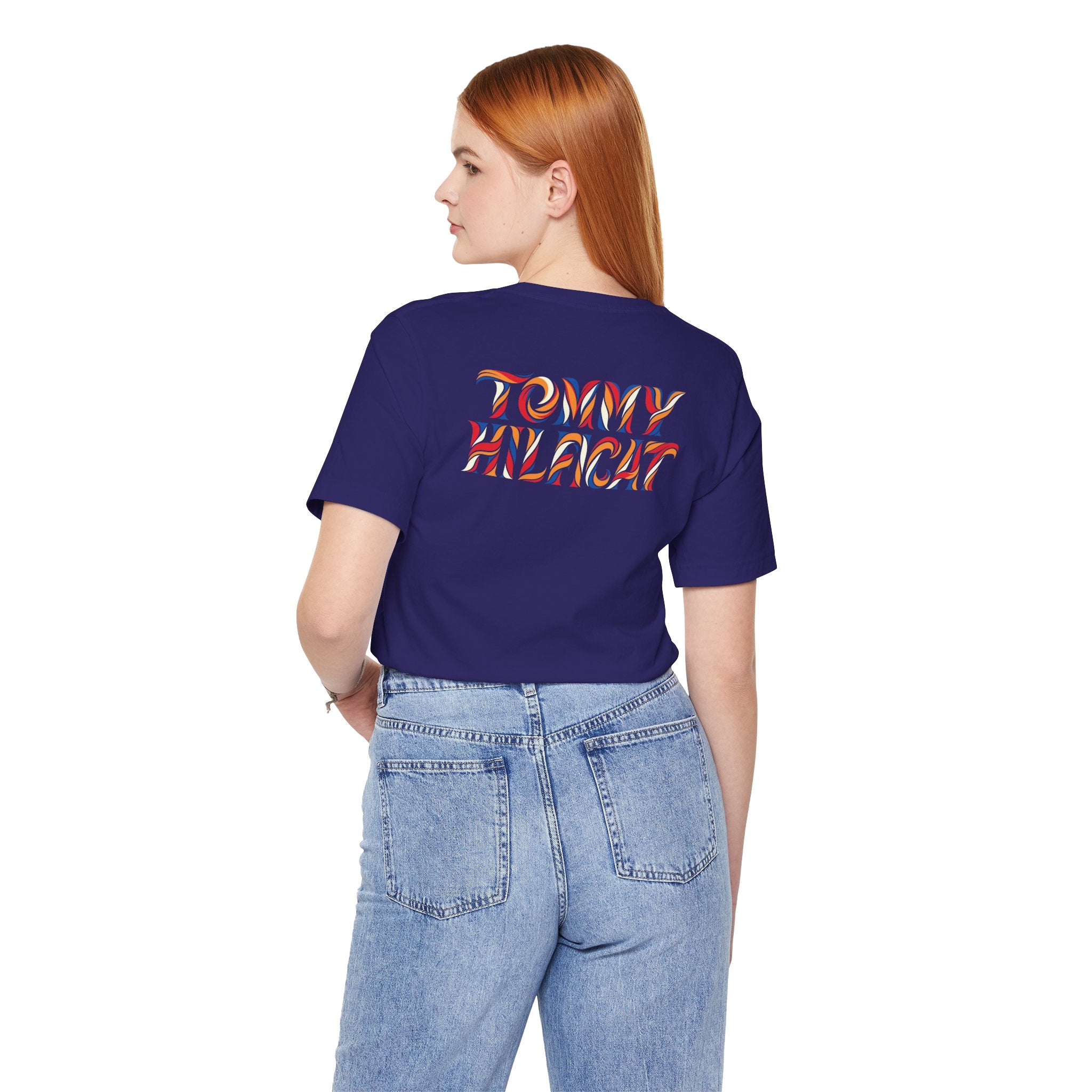 Tommy Hilficat Colorwave Cat Graphic T-Shirt in team navy, back view on a female model