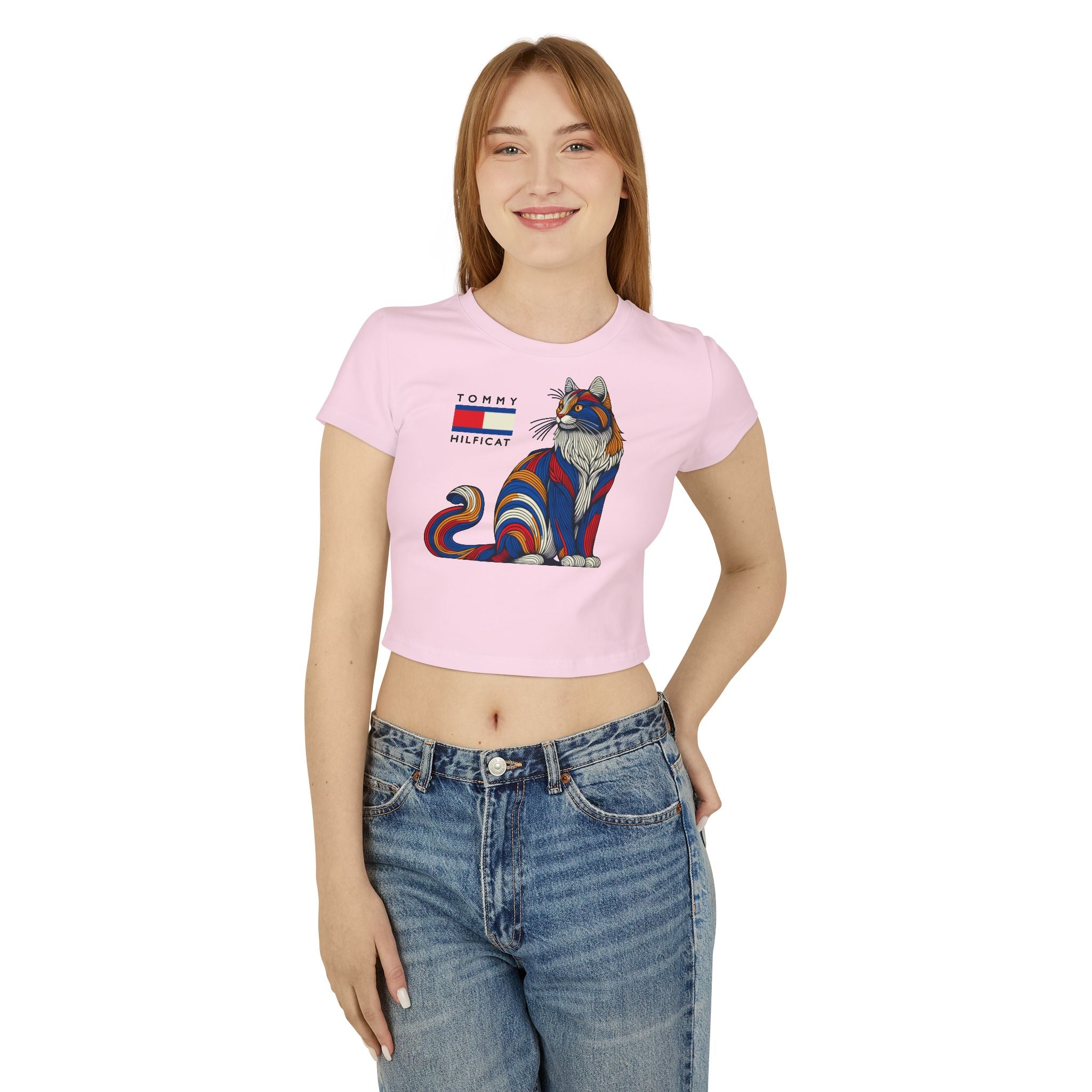 Tommy Hilficat Colorwave Cat Graphic Women's Baby Tee in light pink, worn by a female model