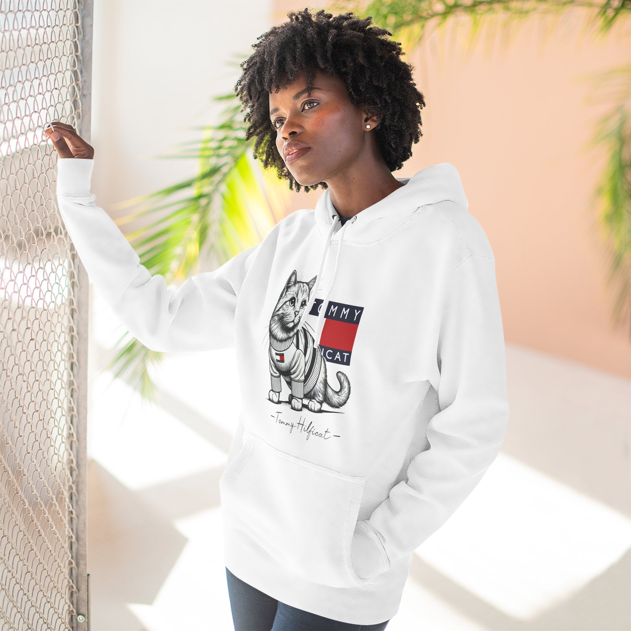 Tommy Hilficat Signature Purr Style Cat Graphic Hoodie in white, worn by a female model