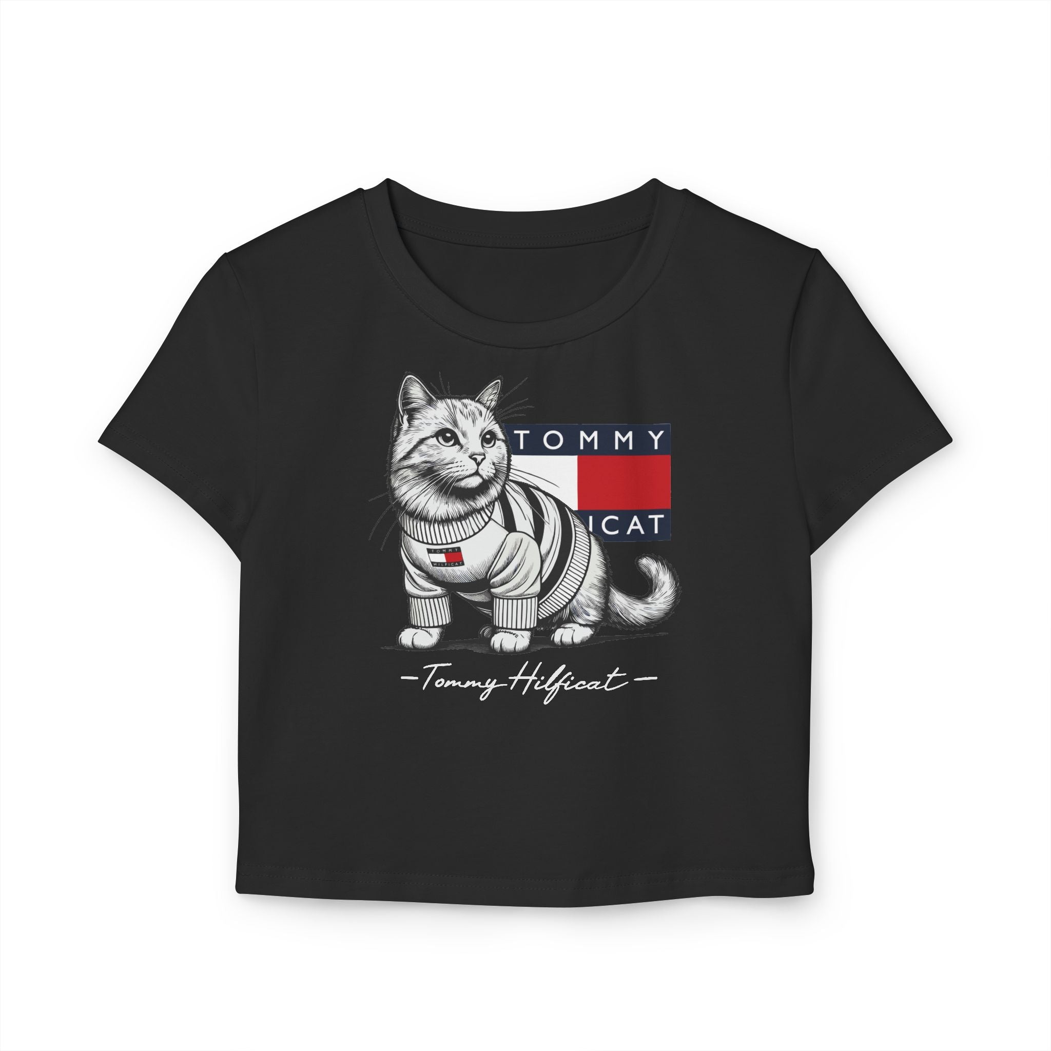 Tommy Hilficat Signature Purr Style Cat Graphic Women's Baby Tee in black, front view