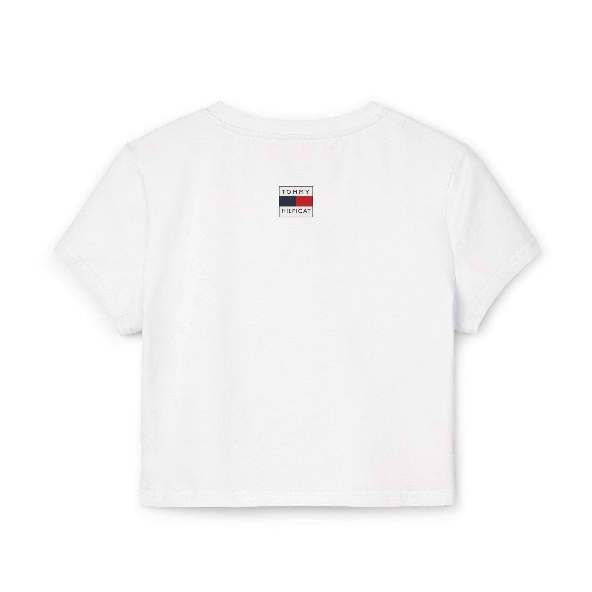 Tommy Hilficat Signature Purr Style Cat Graphic Women's Baby Tee in white, back view