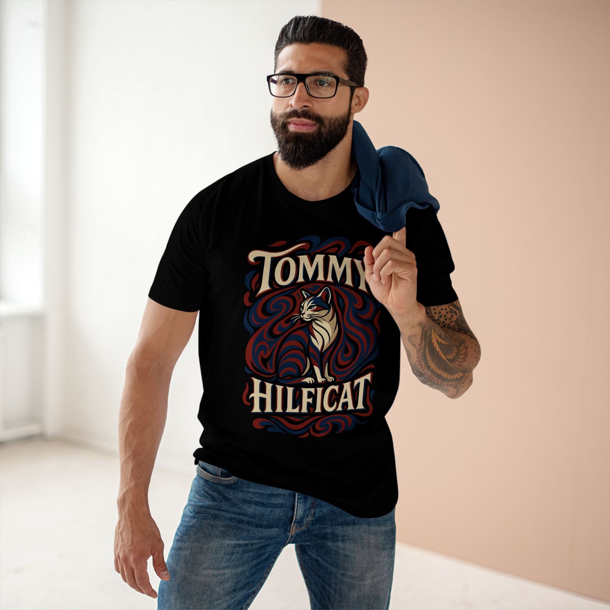 Tommy Hilficat Swirl Statement Cat Graphic T-Shirt in black, worn by a male model