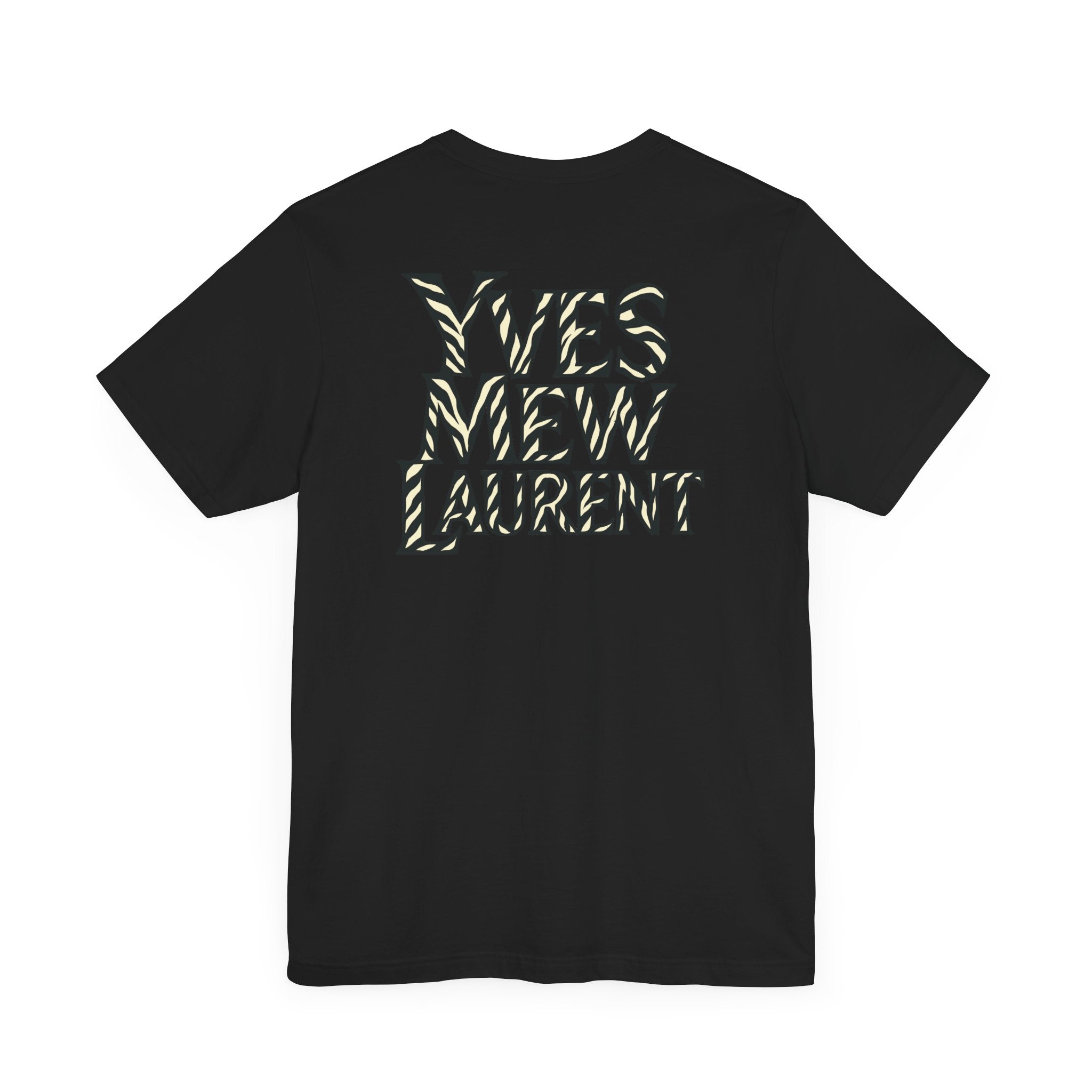 Yves Mew Laurent Cat Boss Tiger Pattern Graphic T-Shirt in black, flat lay, back