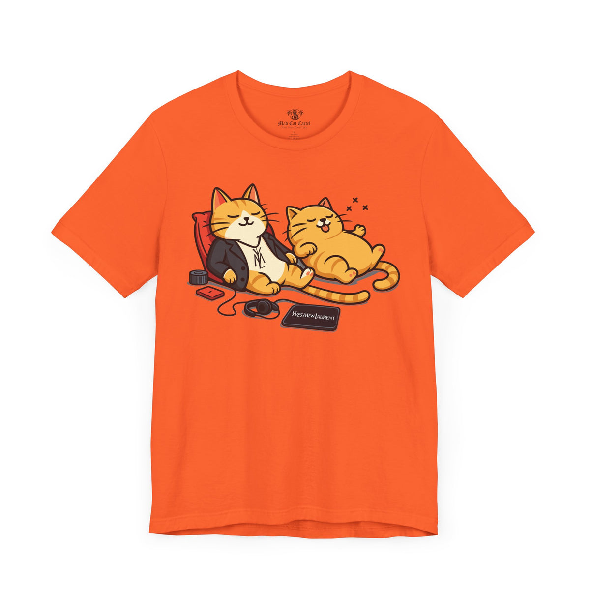 Yves Mew Laurent Chill Cats Cartoon Graphic T-Shirt in orange, front view