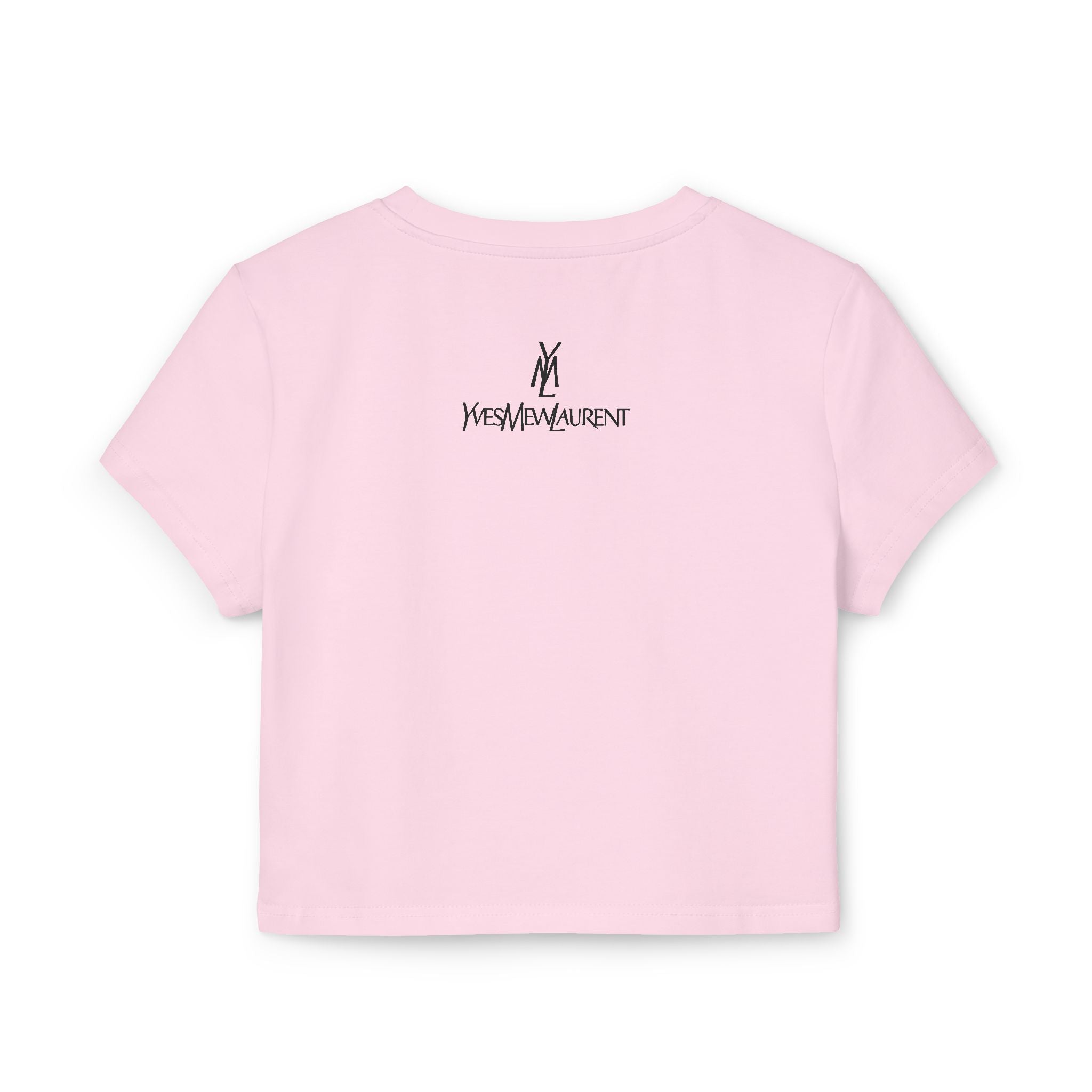 Yves Mew Laurent Chill Cats Cartoon Graphic Women's Baby Tee in light pink, back view