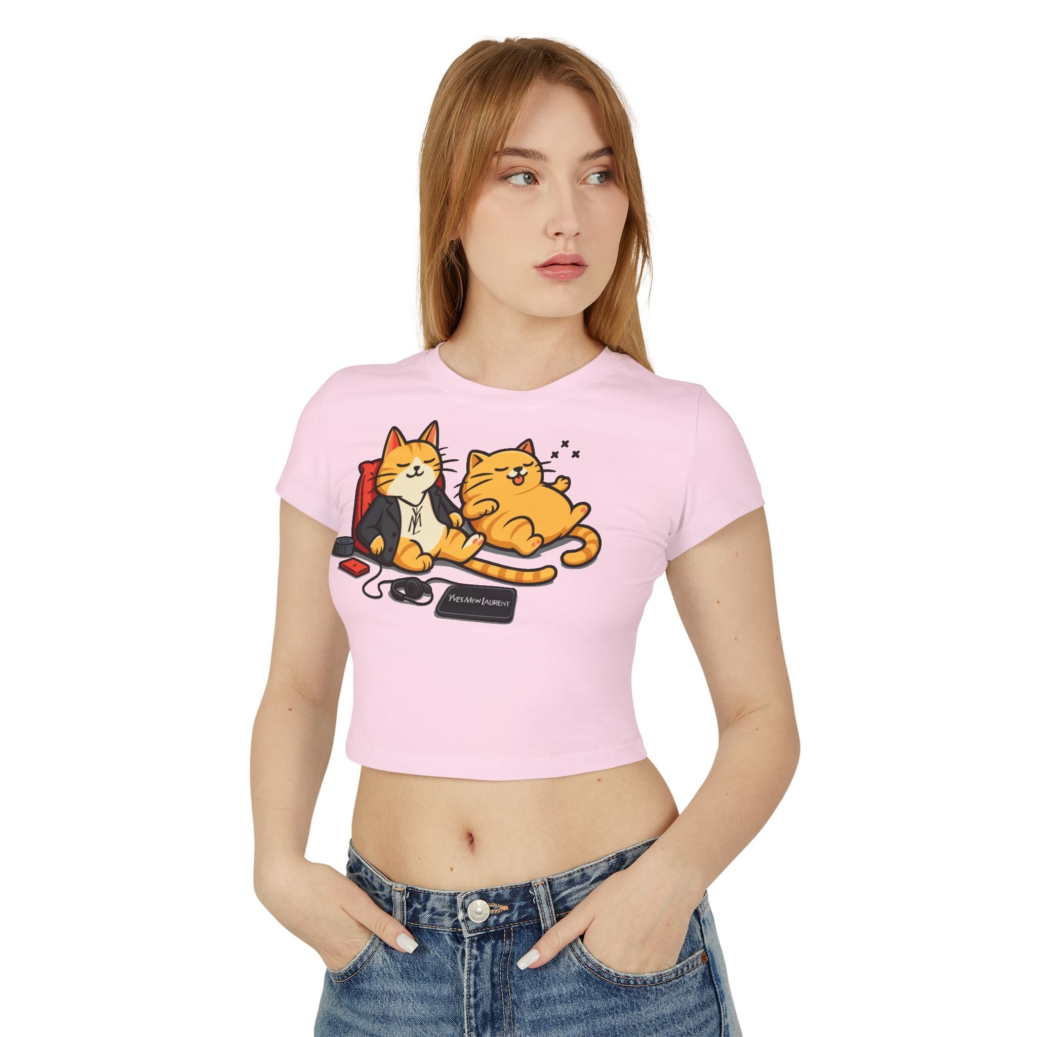 Yves Mew Laurent Chill Cats Cartoon Graphic Women's Baby Tee in light pink, worn by a female model