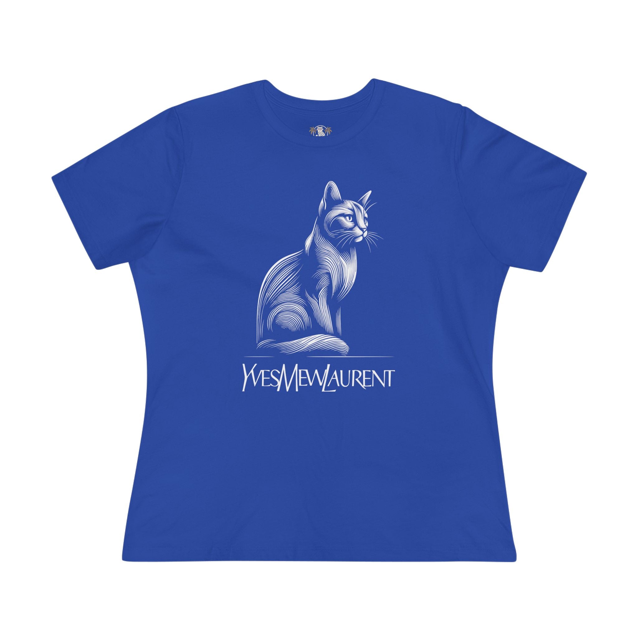 Yves Mew Laurent Elegant Line Art Cat Graphic Women's T-Shirt in true royal, front view