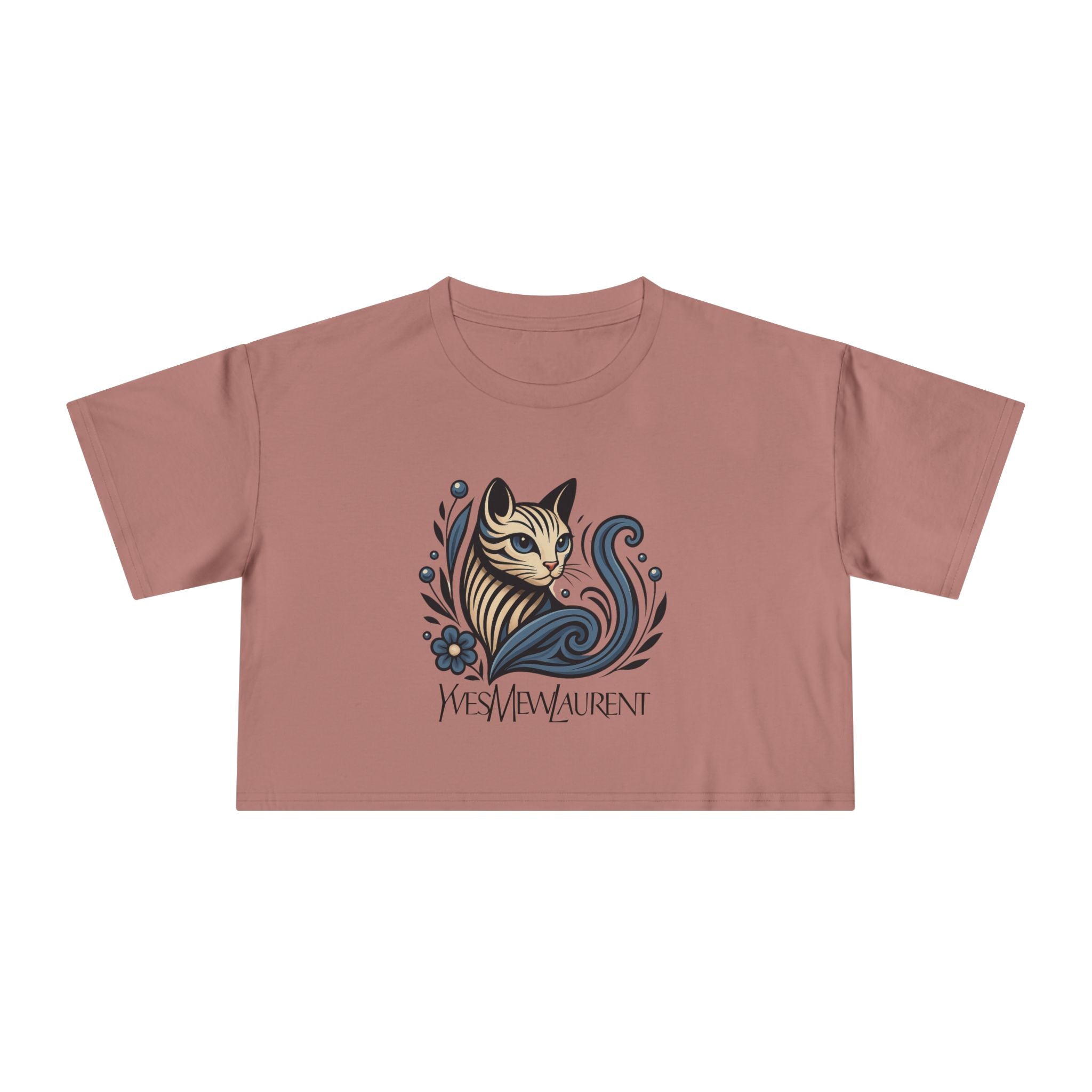 Yves Mew Laurent Floral Cat Art Women's Cropped T-Shirt in hazy pink, front view