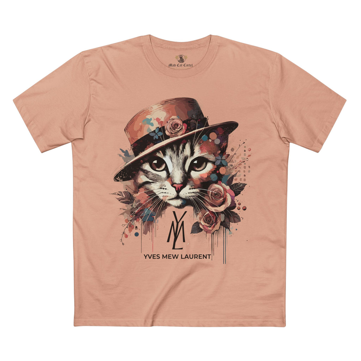 Yves Mew Laurent Watercolor Muse Cat Graphic T-Shirt in pale pink, flat lay