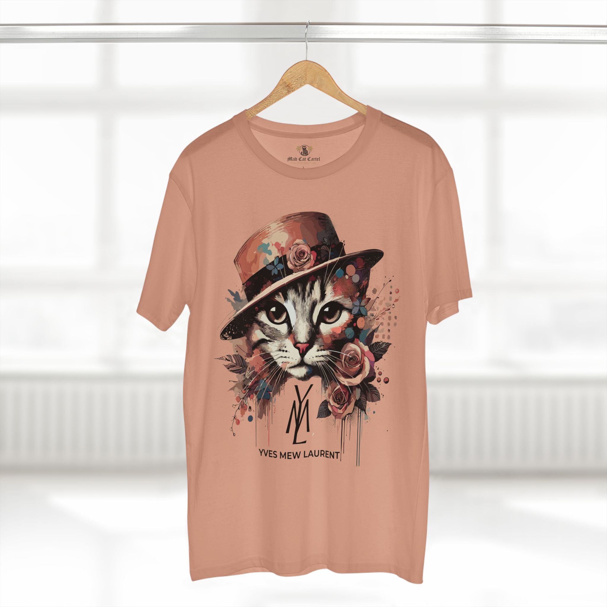 Yves Mew Laurent Watercolor Muse Cat Graphic T-Shirt in pale pink, on a hanger
