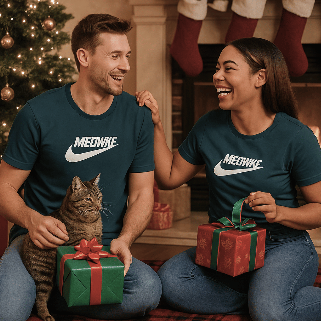 Christmas Gift Ideas for Cat Lovers, couple wearing Nike parody t shirts 