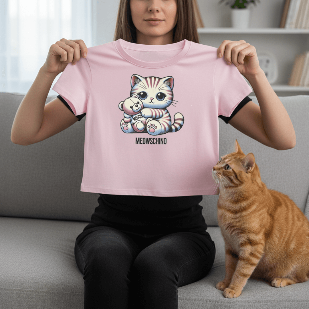  woman holding pink baby tee for women, top t shirt Gifts for Stylish Cat Lovers