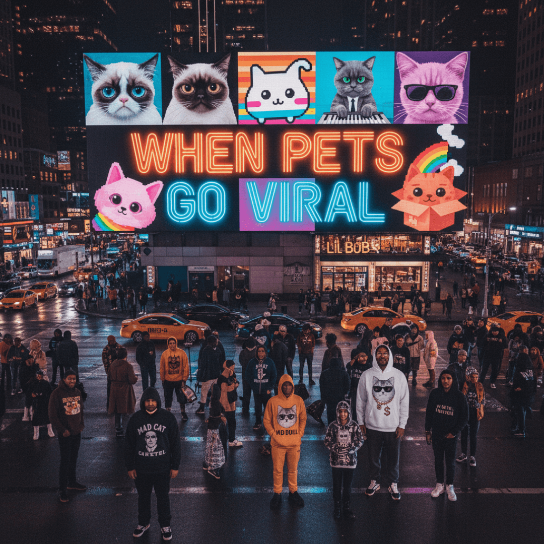 When Pets Go Viral neon billboard with famous internet cats like Grumpy Cat, Keyboard Cat, and Nyan Cat, crowd wearing Mad Cat Cartel parody hoodies in Times Square – main blog cover image