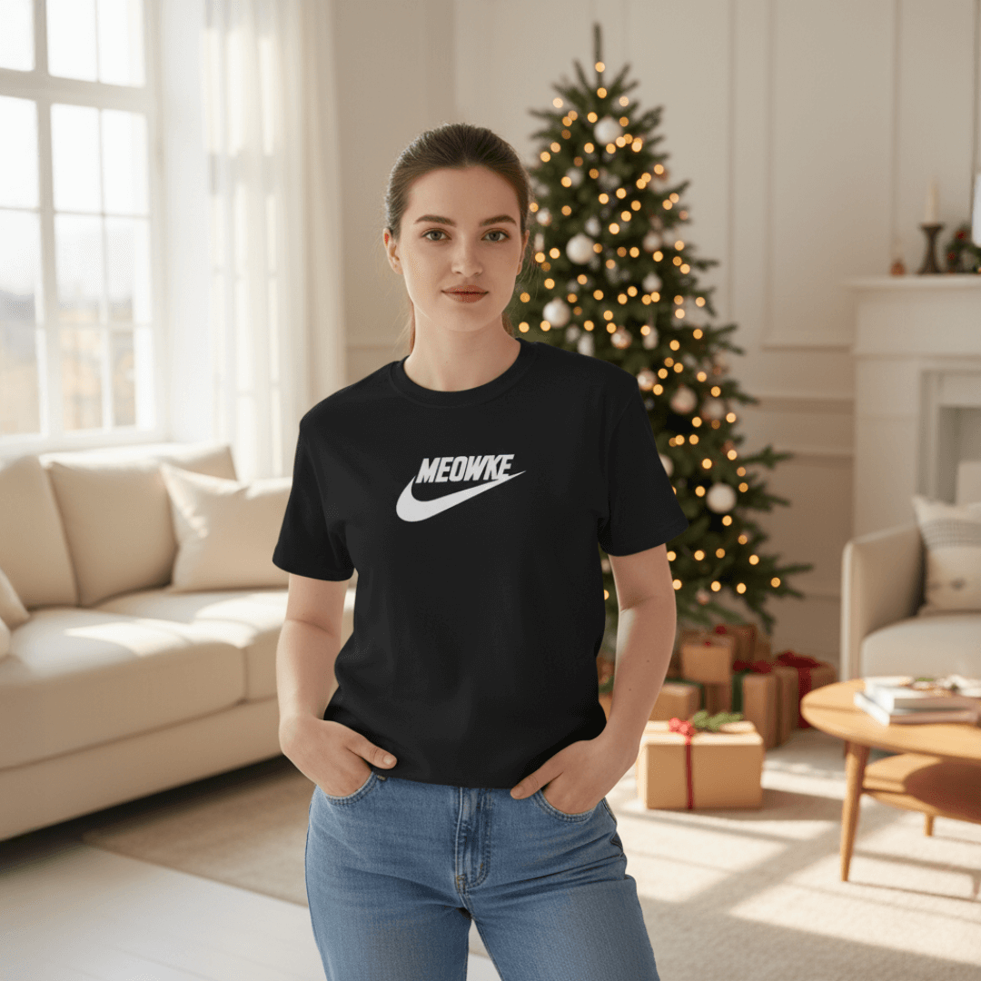 Woman wearing Meowke cat-themed clothes black tee standing in front of Christmas tree with gifts, perfect best Christmas gift for cat lovers