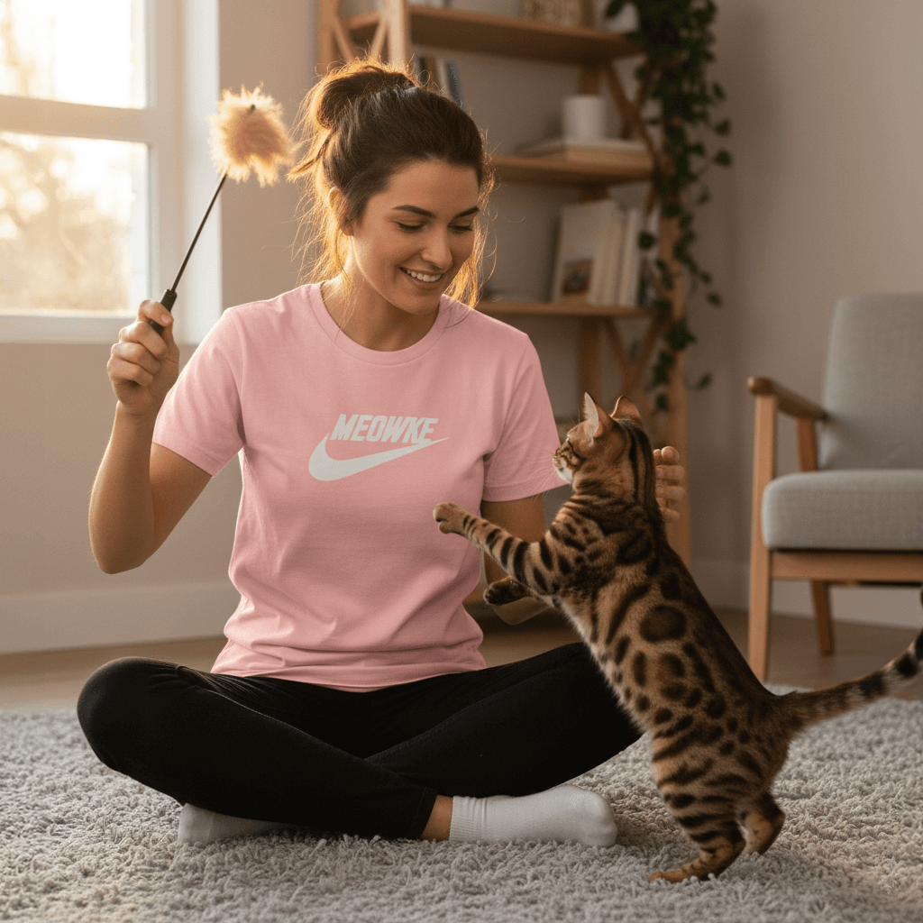 Woman wearing Meowke cat t shirt playing with Bengal cat, parody clothes for humans designer parody fashion