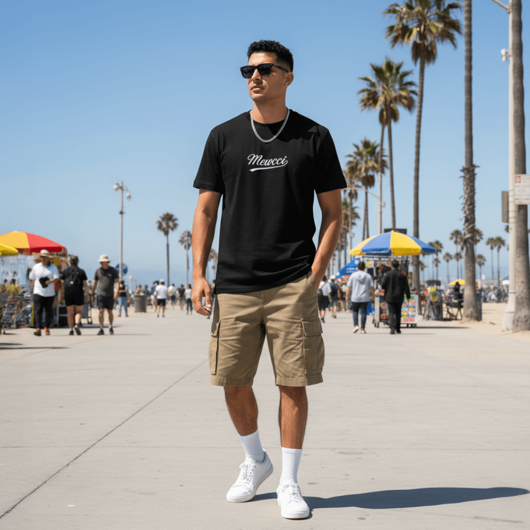 Male model wearing funny cat t shirt for men with sunglasses at Venice Beach outdoor streetwear cover photo