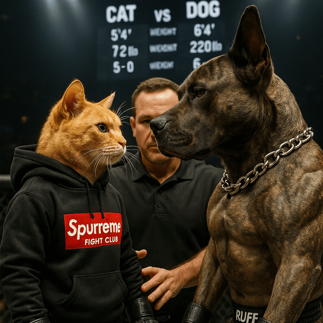 Cat vs Dog rivalry face-off in parody fight – Spurreme Cat in hoodie vs Ruff Vuitton Dog in designer trunks