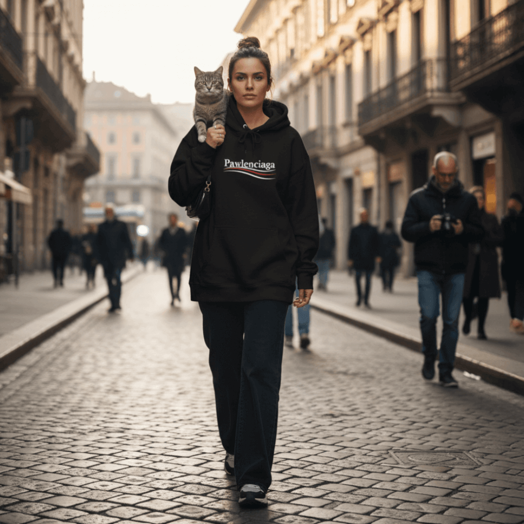 Woman wearing a black Pawlenciaga hoodie by Mad Cat Cartel, walking through a stylish city street with a cat on her shoulder, cat streetwear fashion look