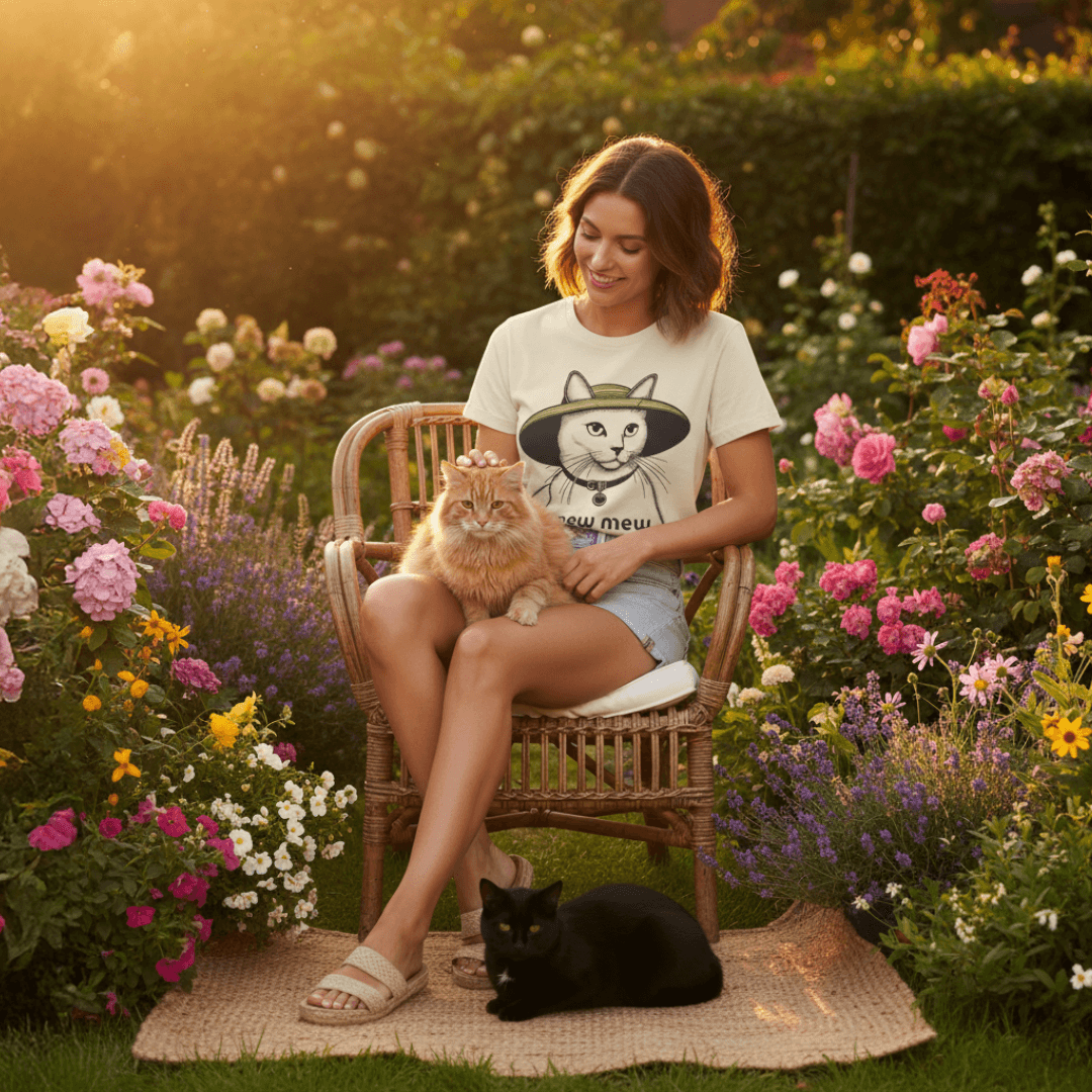 Lifestyle photo of woman in Mew Mew Iconic Hat cat tee holding two cats in a blooming garden, realistic natural lighting, Mad Cat Cartel cat fashion