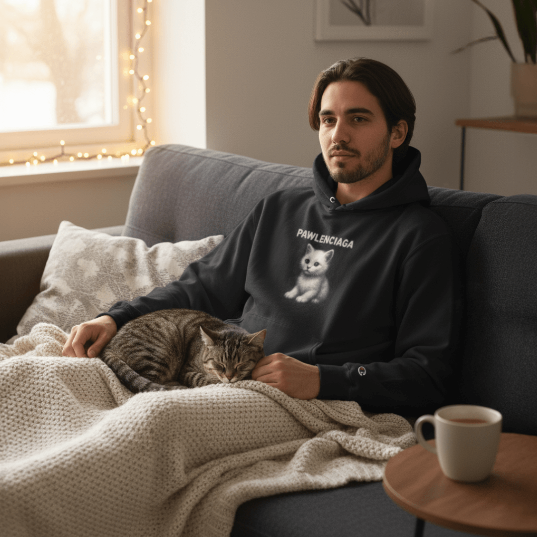 Man relaxing on sofa with a cat wearing a Pawlenciaga designer parody hoodie from Mad Cat Cartel