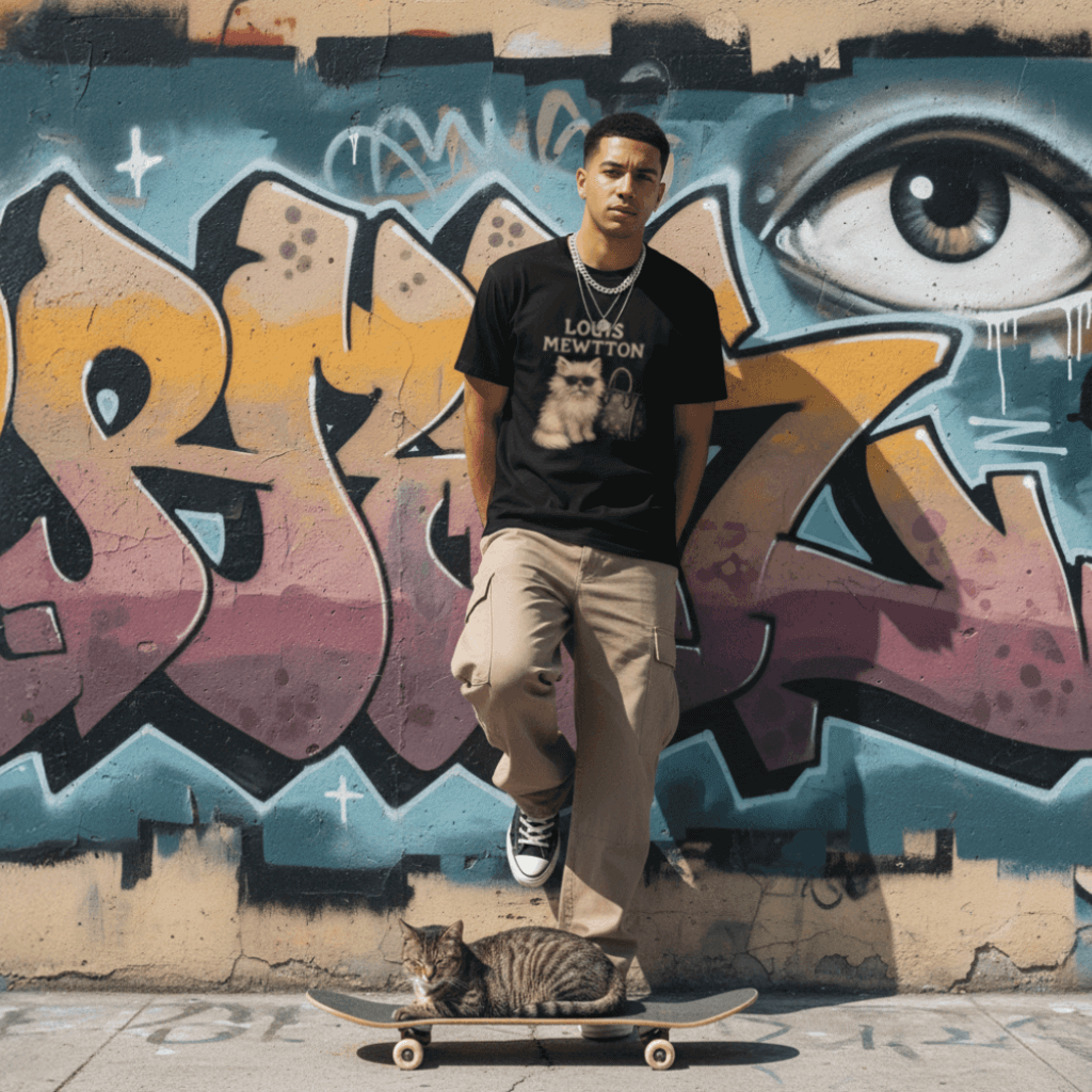 male model wearing Louis Mewtton black parody t shirt, cat sitting on skateboard, graffiti background, urban street style