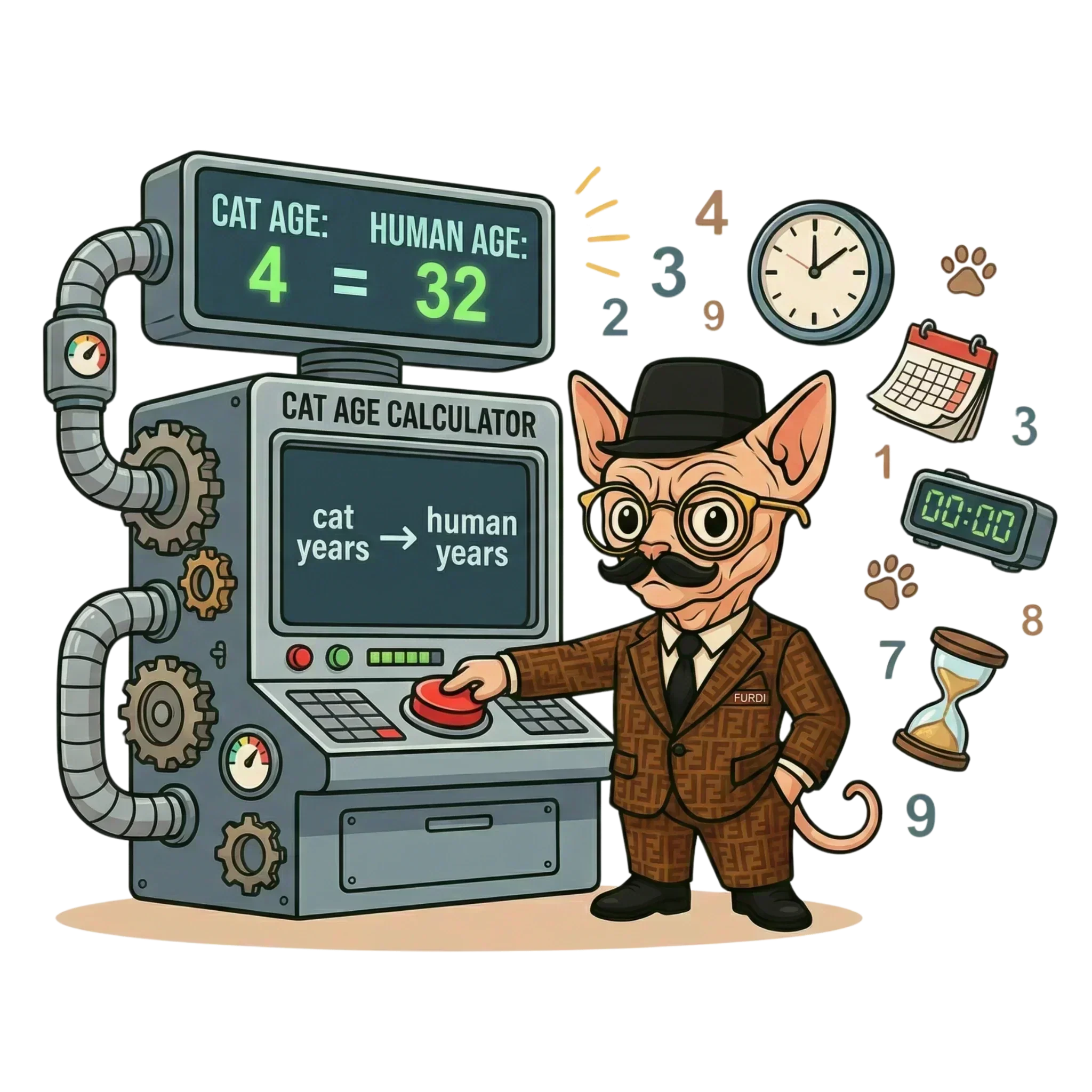 cat age calculator illustration showing a machine converting 4 cat years to 32 human years beside a dressed sphynx cat with clocks and calendar icons