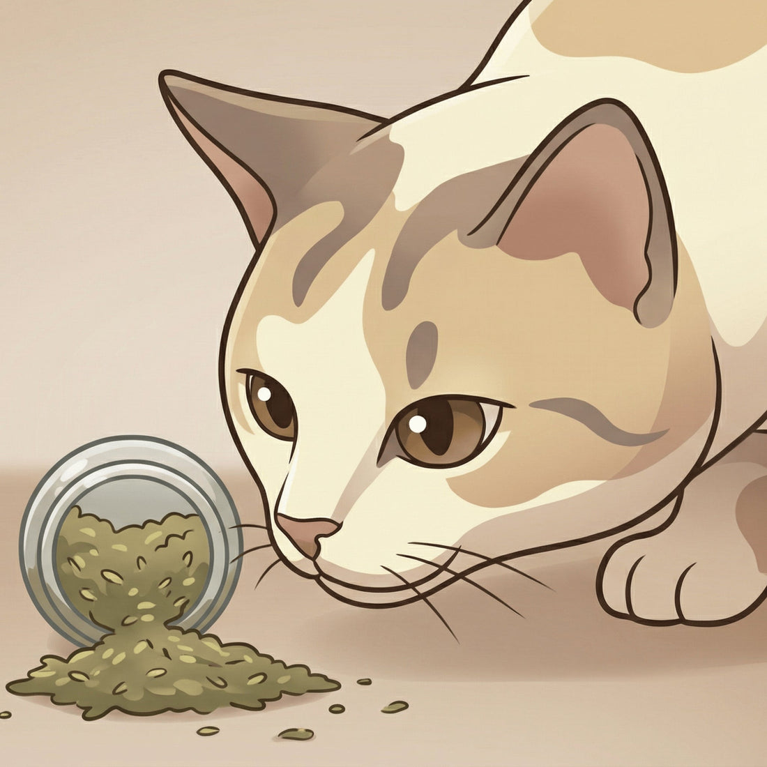 Cartoon illustration of a cat sniffing catnip, showing the natural effects of catnip on cats