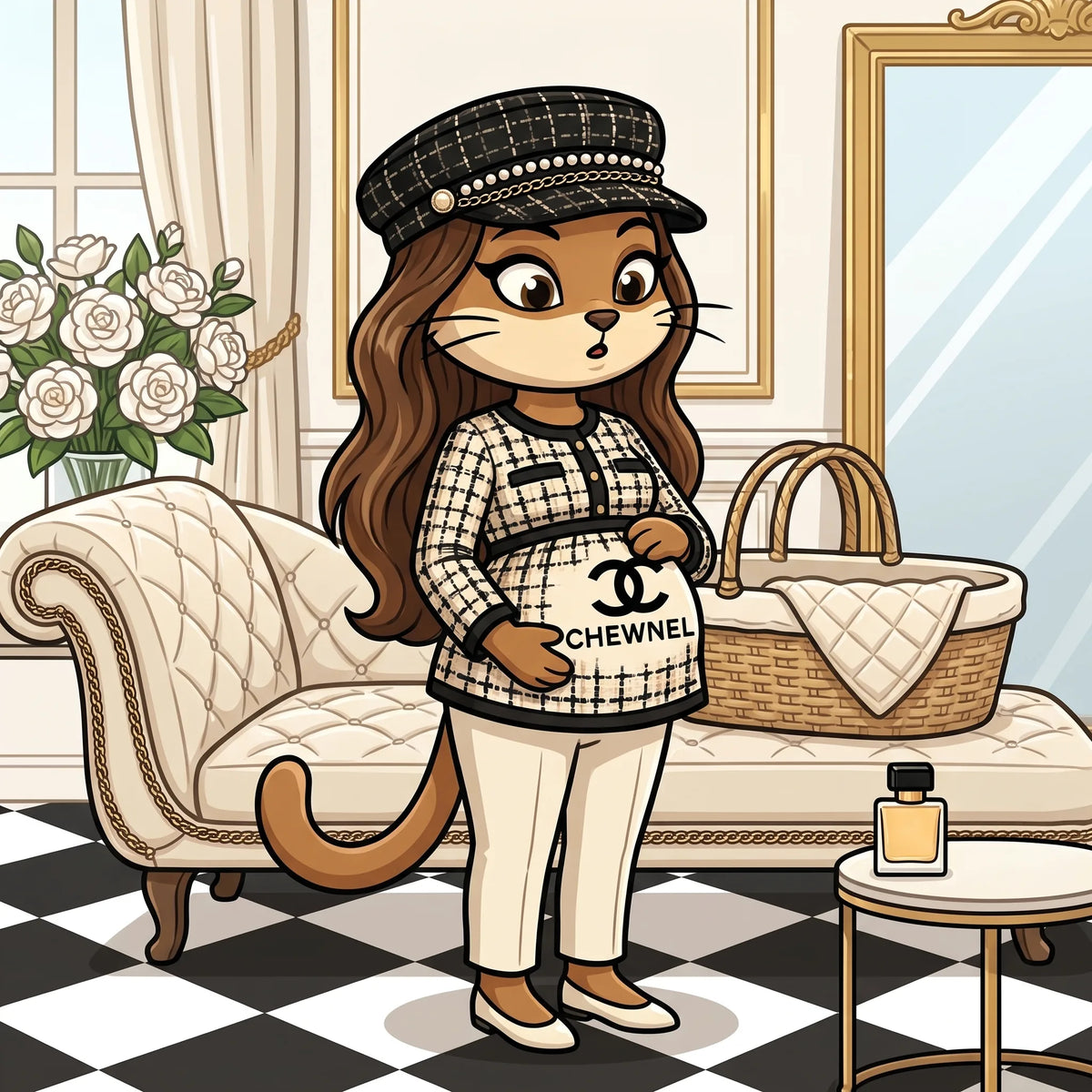 Cartoon pregnant cat in a Chewnel tweed outfit arranging a nesting basket as early labor signs begin