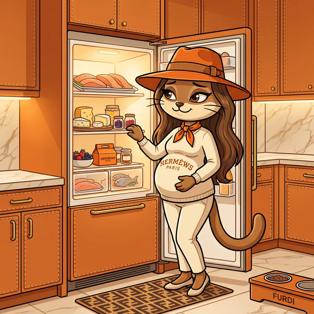 Cartoon pregnant cat in a Hermews sweater with no appetite at an open fridge in an orange luxury kitchen