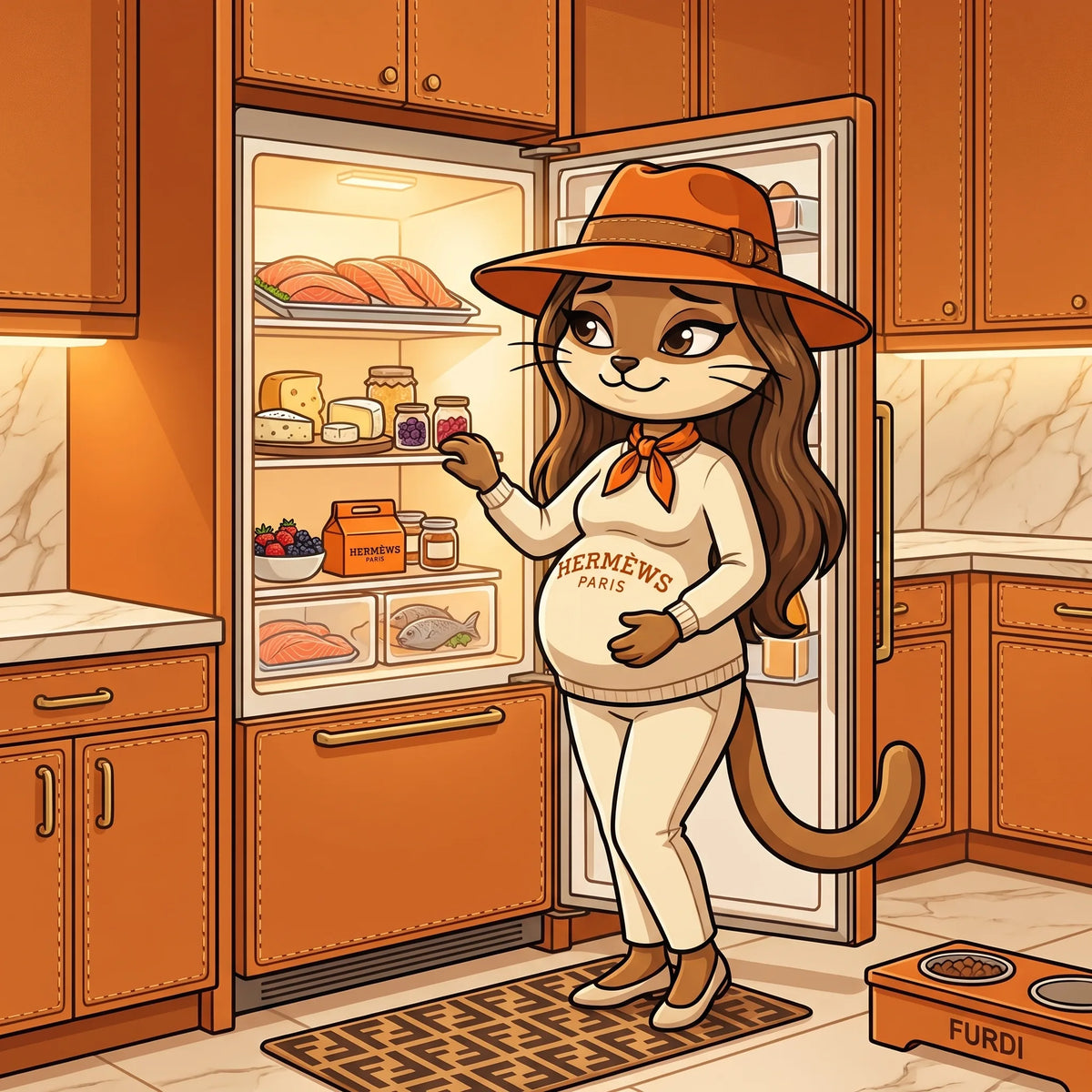 Cartoon pregnant cat in a Hermews sweater with no appetite at an open fridge in an orange luxury kitchen