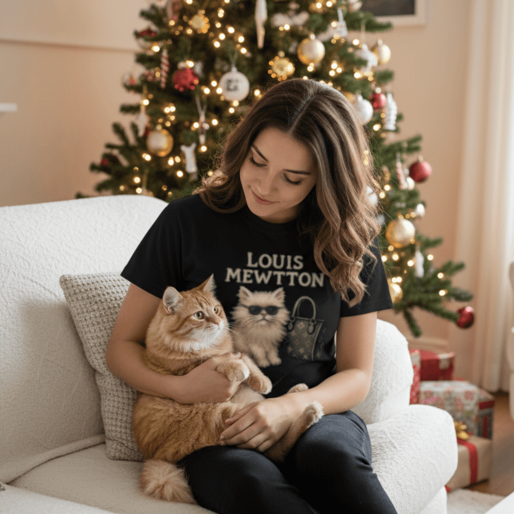 woman sitting by a Christmas tree wearing a Louis Mewtton parody designer cat t-shirt while holding her cat, cozy holiday lifestyle image used for Christmas cat lover gift guides