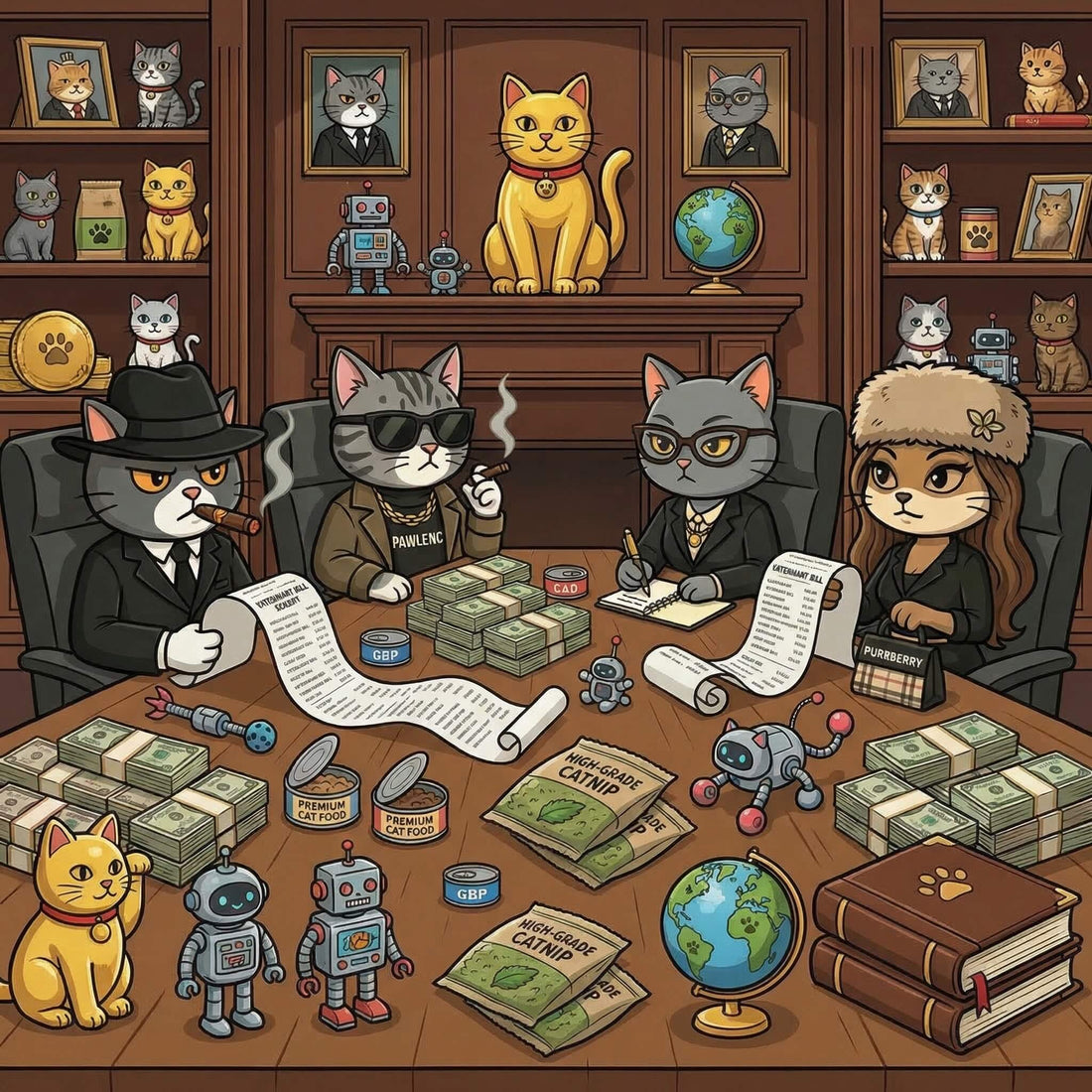 Mad Cat Cartel illustration comparing cat ownership costs in the USA, UK, Canada, and Australia