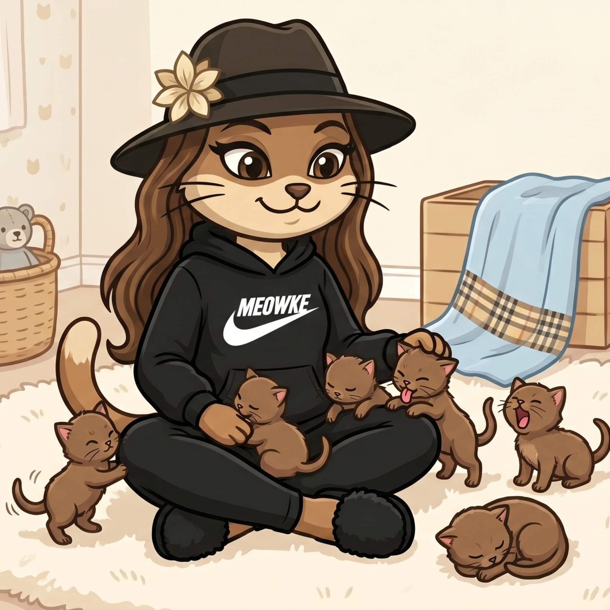 Illustrated cat mother with newborn kittens in a cozy home for a guide to cat pregnancy signs