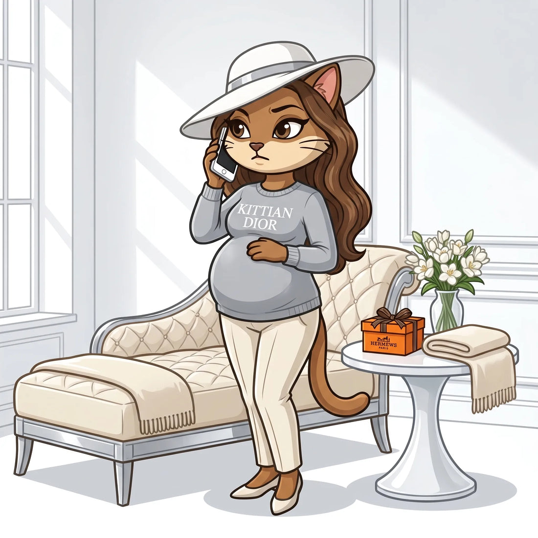 Cartoon pregnant cat in a Kittian Dior top calling the vet about discharge in an elegant white couture room