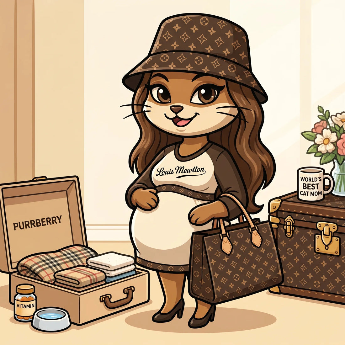 Cartoon pregnant cat in a Louis Mewtton outfit packing a nesting kit with a Purrberry blanket and vitamins