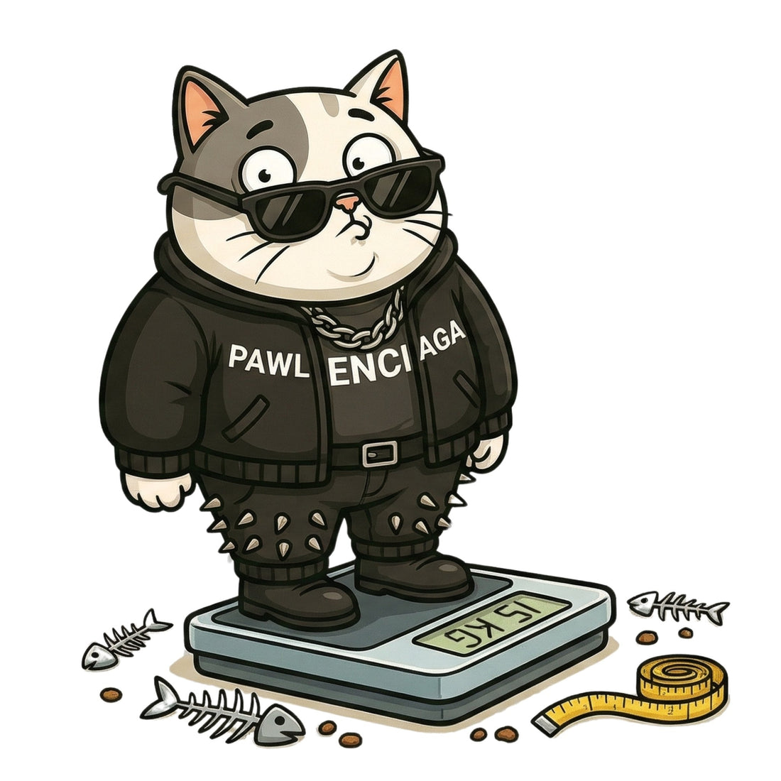 Mad Cat Cartel illustration of an overweight cat standing on a scale for an indoor cat weight loss guide