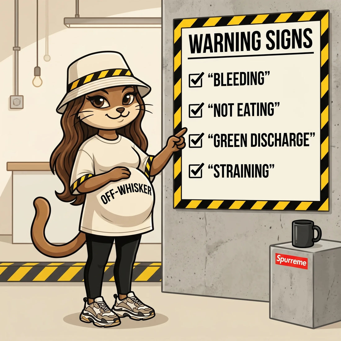Cartoon pregnant cat in an Off-Whisker tee pointing at a pregnancy warning signs checklist in an industrial room