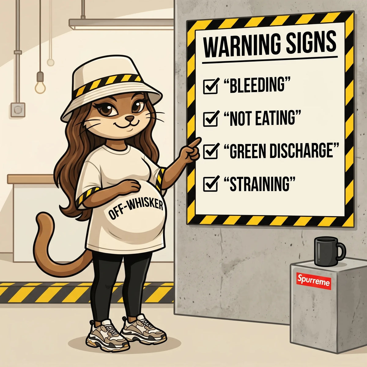 Cartoon pregnant cat in an Off-Whisker tee pointing at a pregnancy warning signs checklist in an industrial room